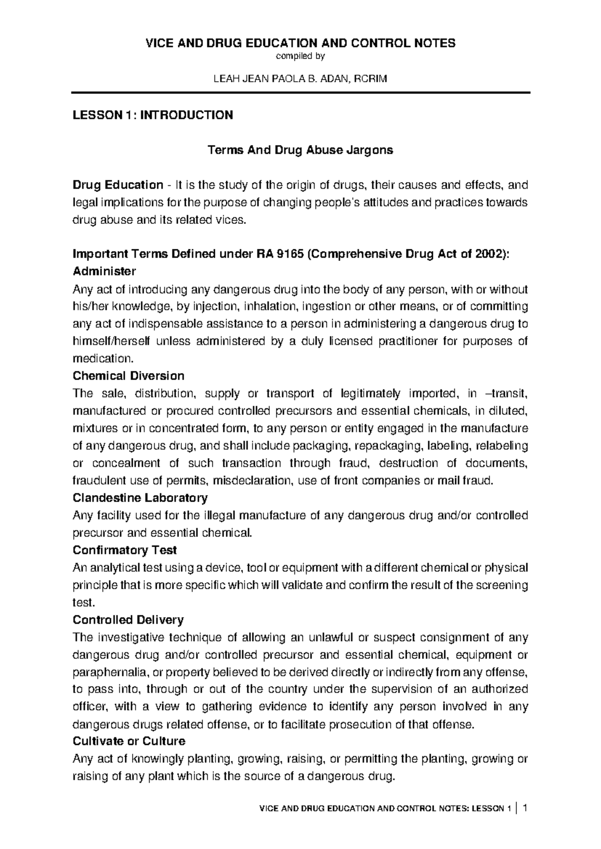 CDI 7 Lesson 1: Vice and Drug Education Notes by Leah Jean Paola B ...