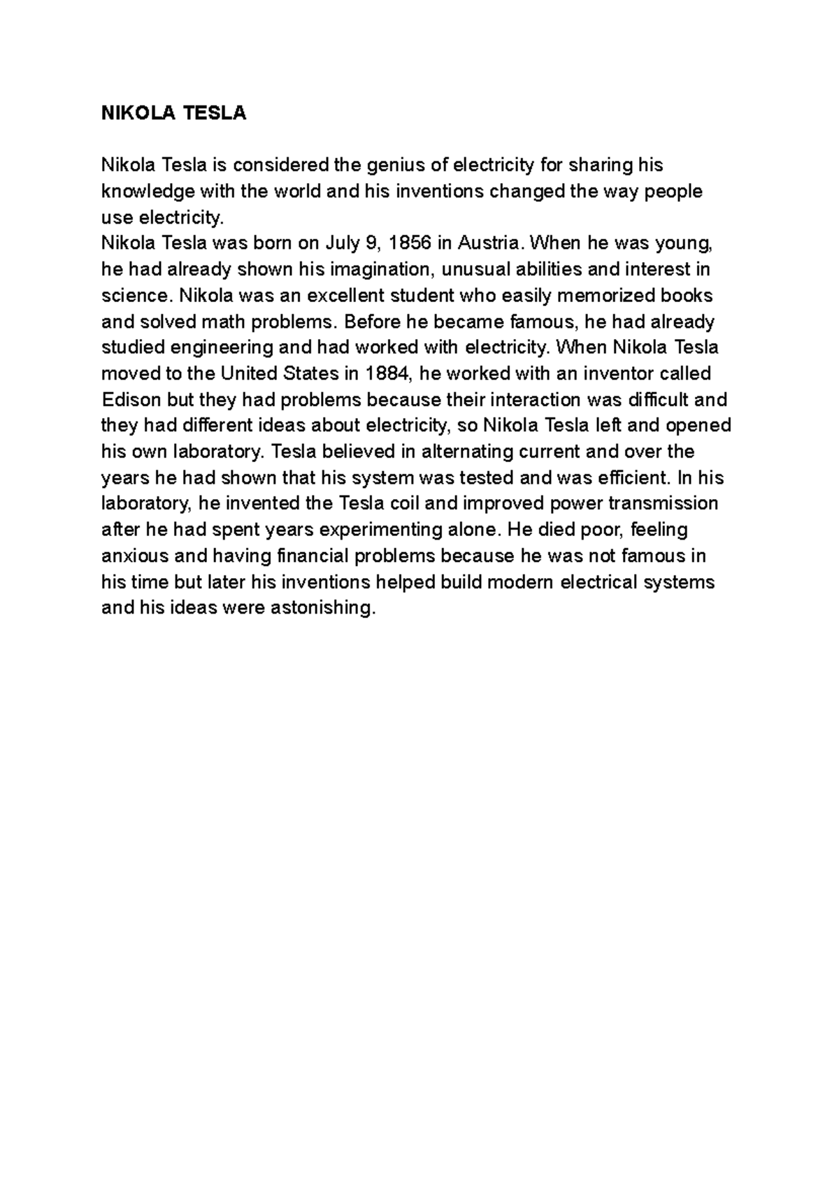 NIKOLA TESLA: The Genius of Electricity - Draft Writing 1 - Studocu
