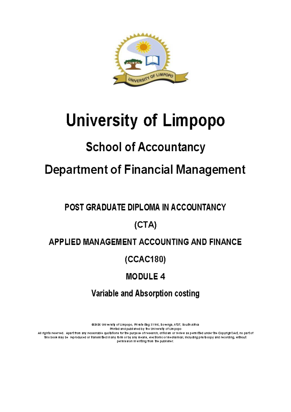 Variable and Absorption Costing (CCAC180) Module 4 Overview 2026 - Studocu