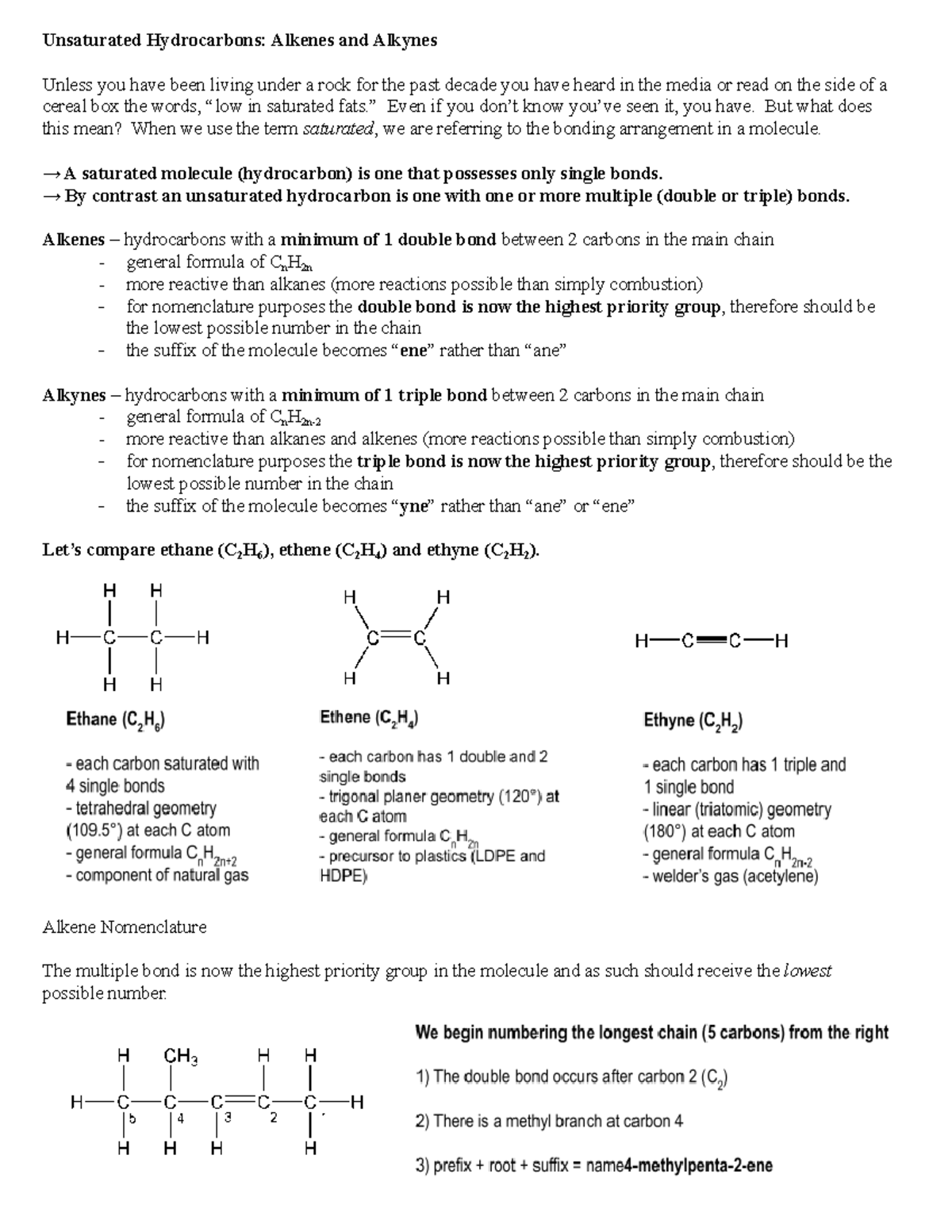 Alkenes and Alkynes Notes-2 - Unsaturated Hydrocarbons: Alkenes and ...