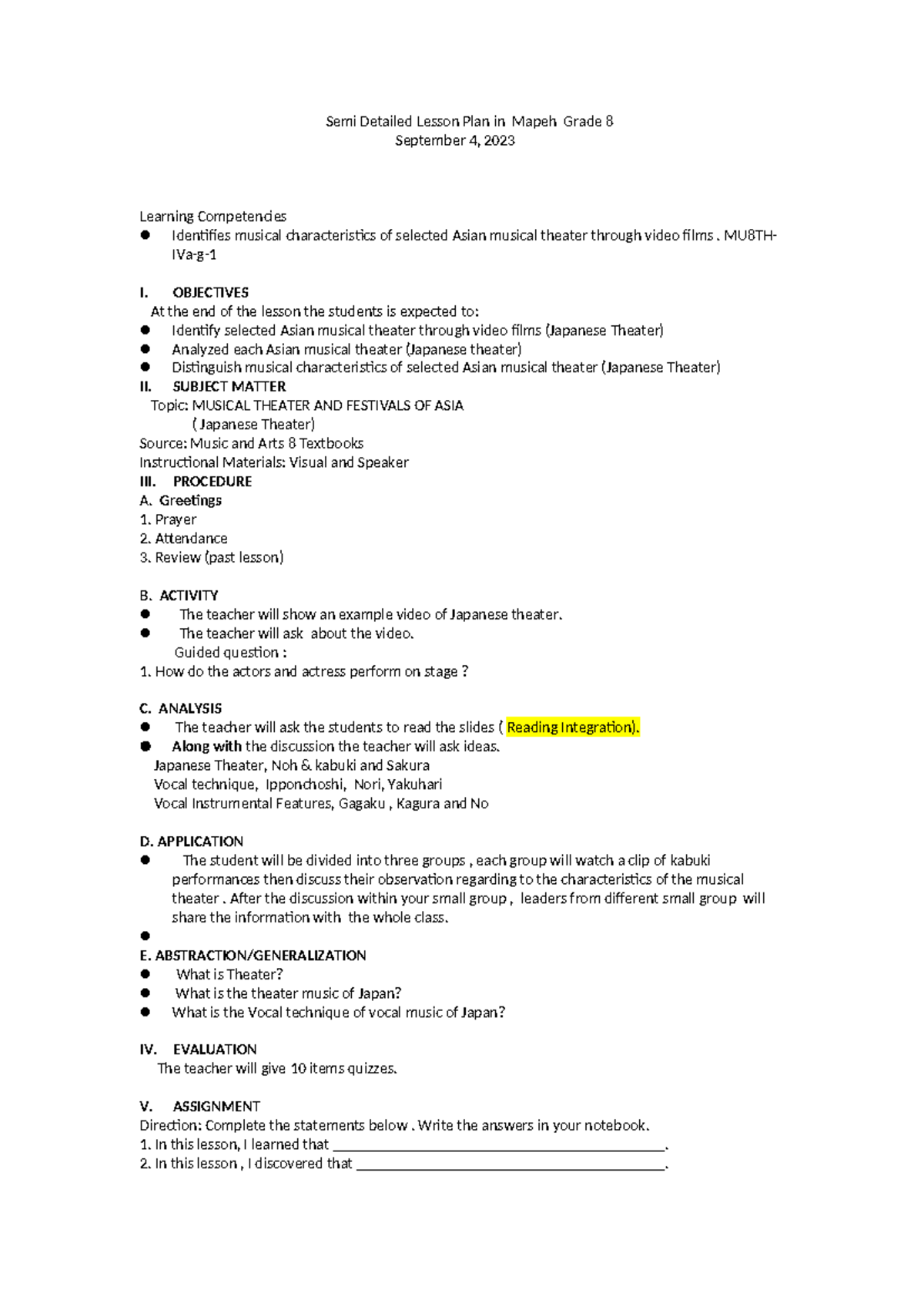 Semi-Detailed Lesson Plan: MAPEH 8 - Asian Musical Theater Focus - Studocu