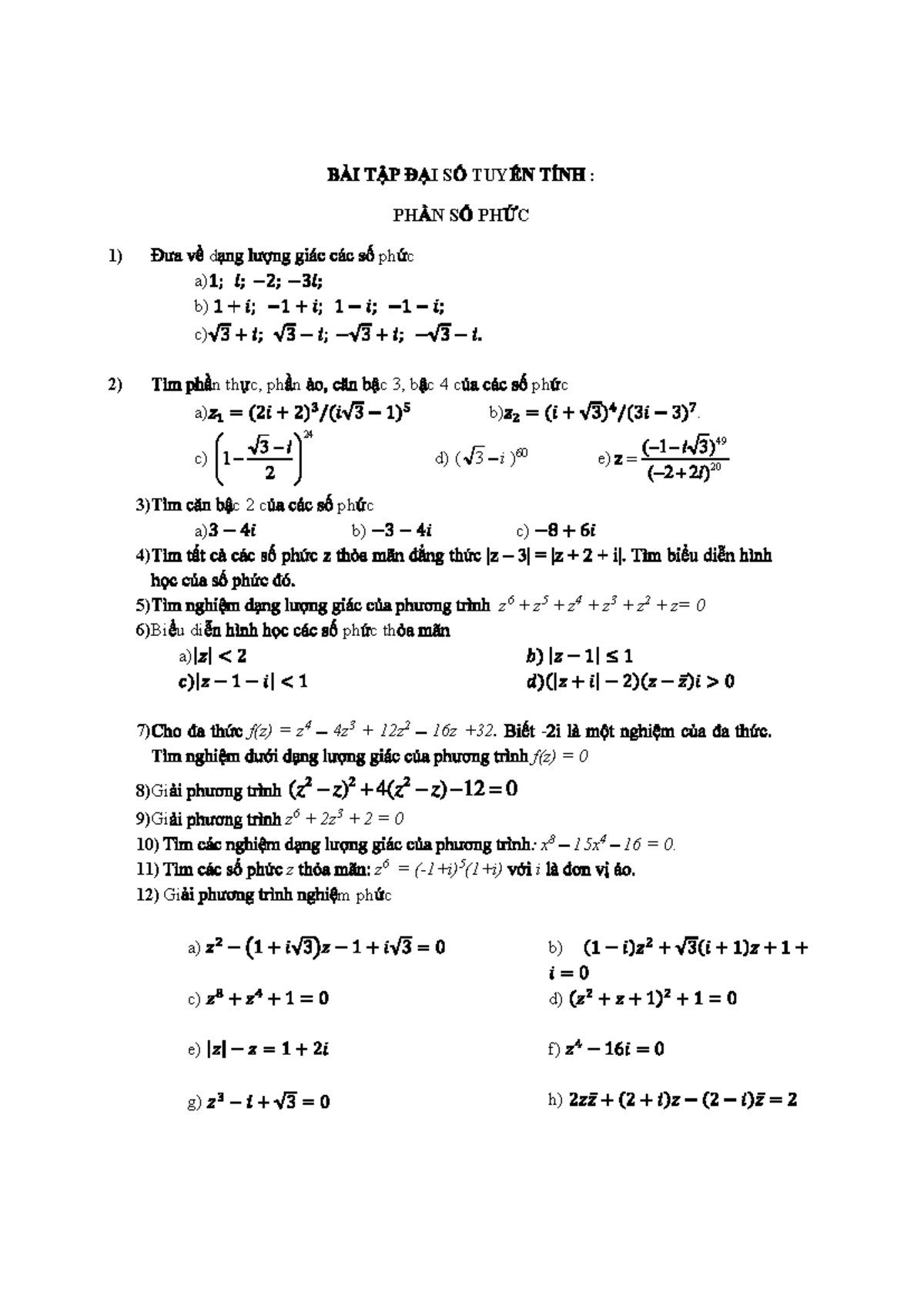 BÀI TẬP ĐẠI SỐ TUYẾN TÍNH-AT-CNTT-DTVT - I S TUY : PH N S PH C d ph c a ...