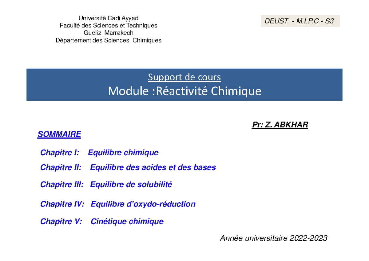 Chap 1 équilibre chimique 2022-2023 - Support de cours Module ...