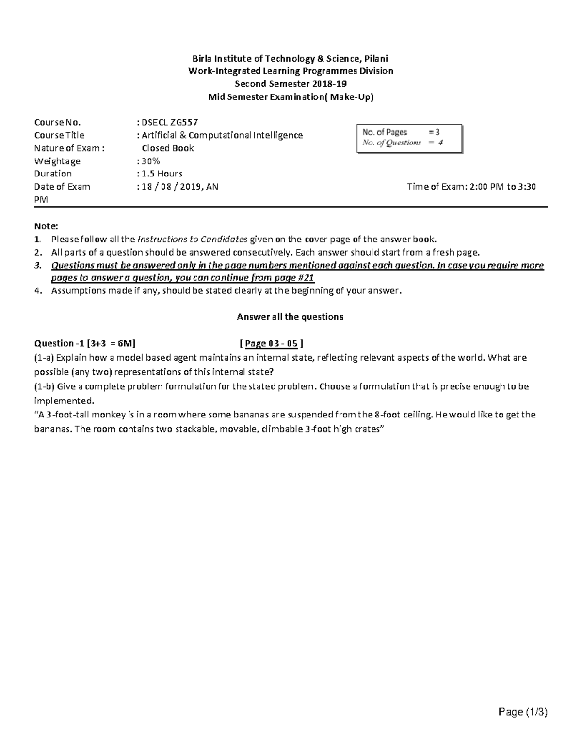 DSECL ZG - Mid Semester Make-Up Exam - Artificial & Computational ...