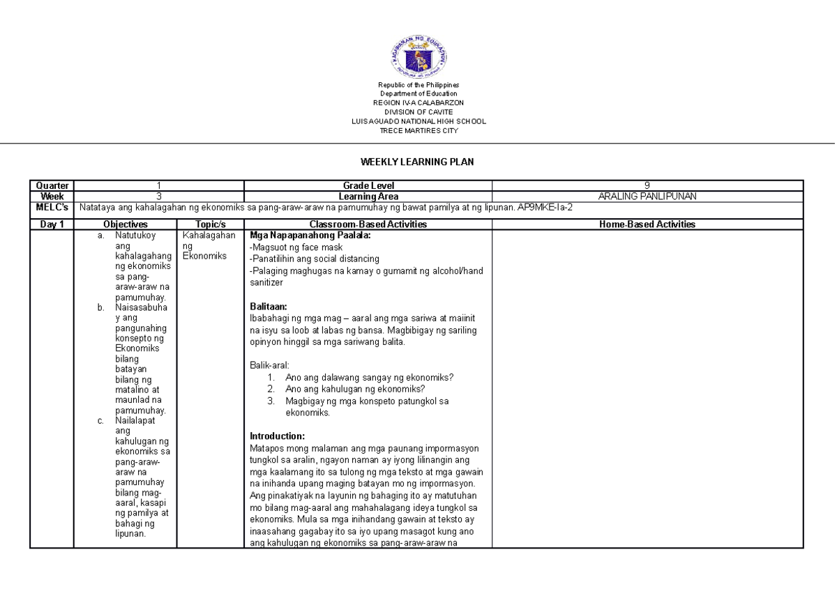 AP-WLP Q1-WEEK 3 - learning plan in AP - Republic of the Philippines ...