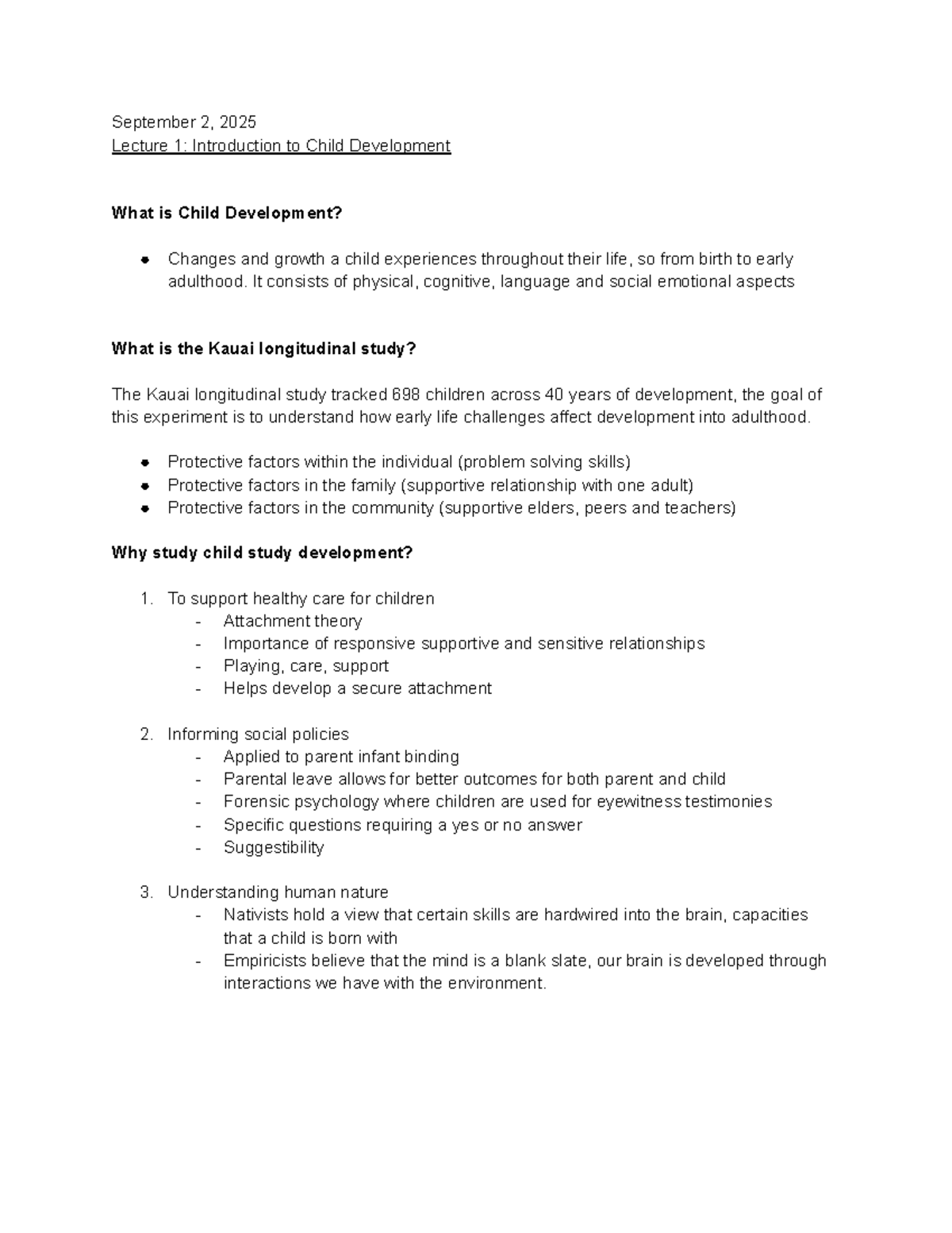 PSY210 Lecture 1: Intro to Child Development & Key Theories - Studocu
