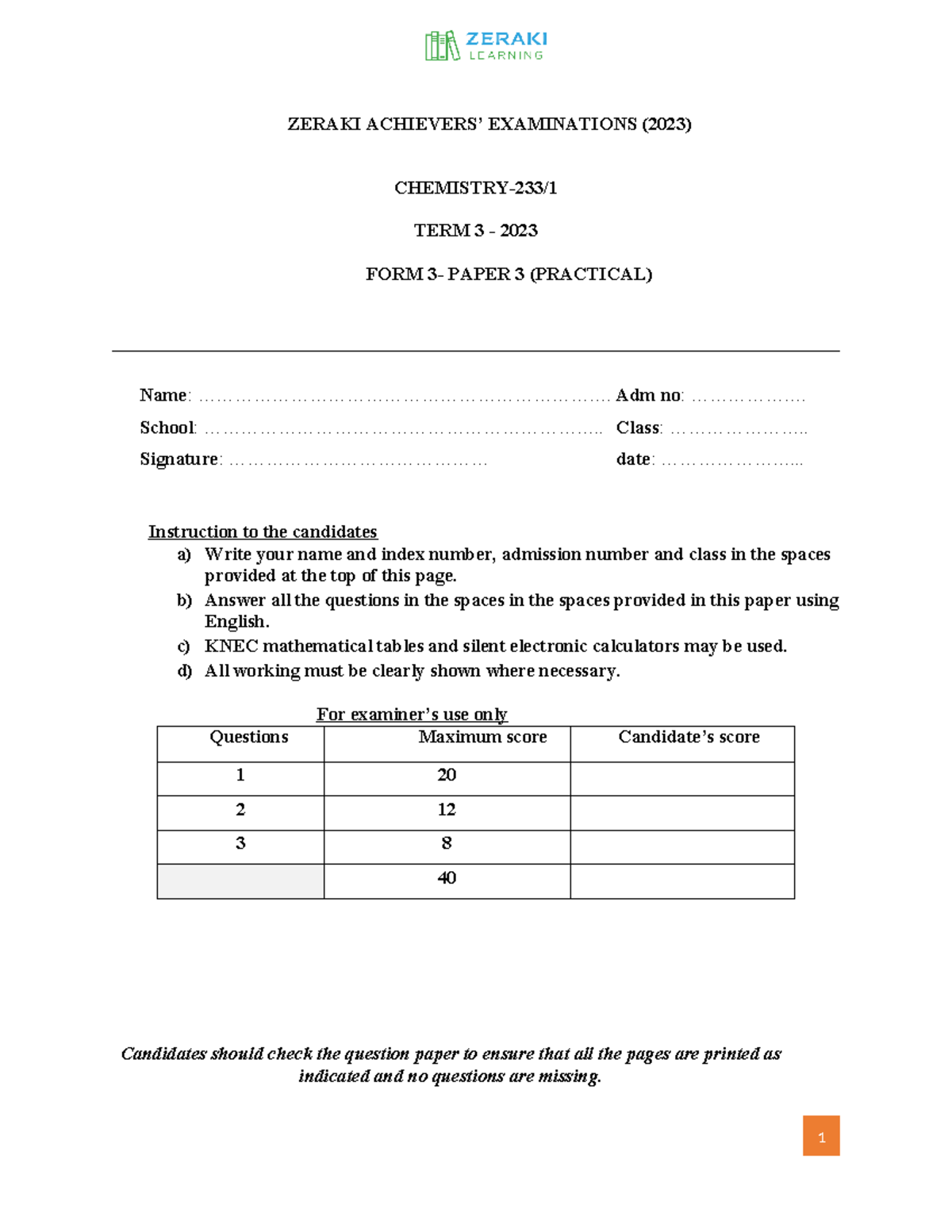 Chemistry 2023 Term 3 Exam Paper 3 (Practical) - ZERAKI - Studocu