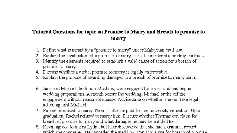 Tutorial Questions for topic on Promise to Marry and Breach to promise ...