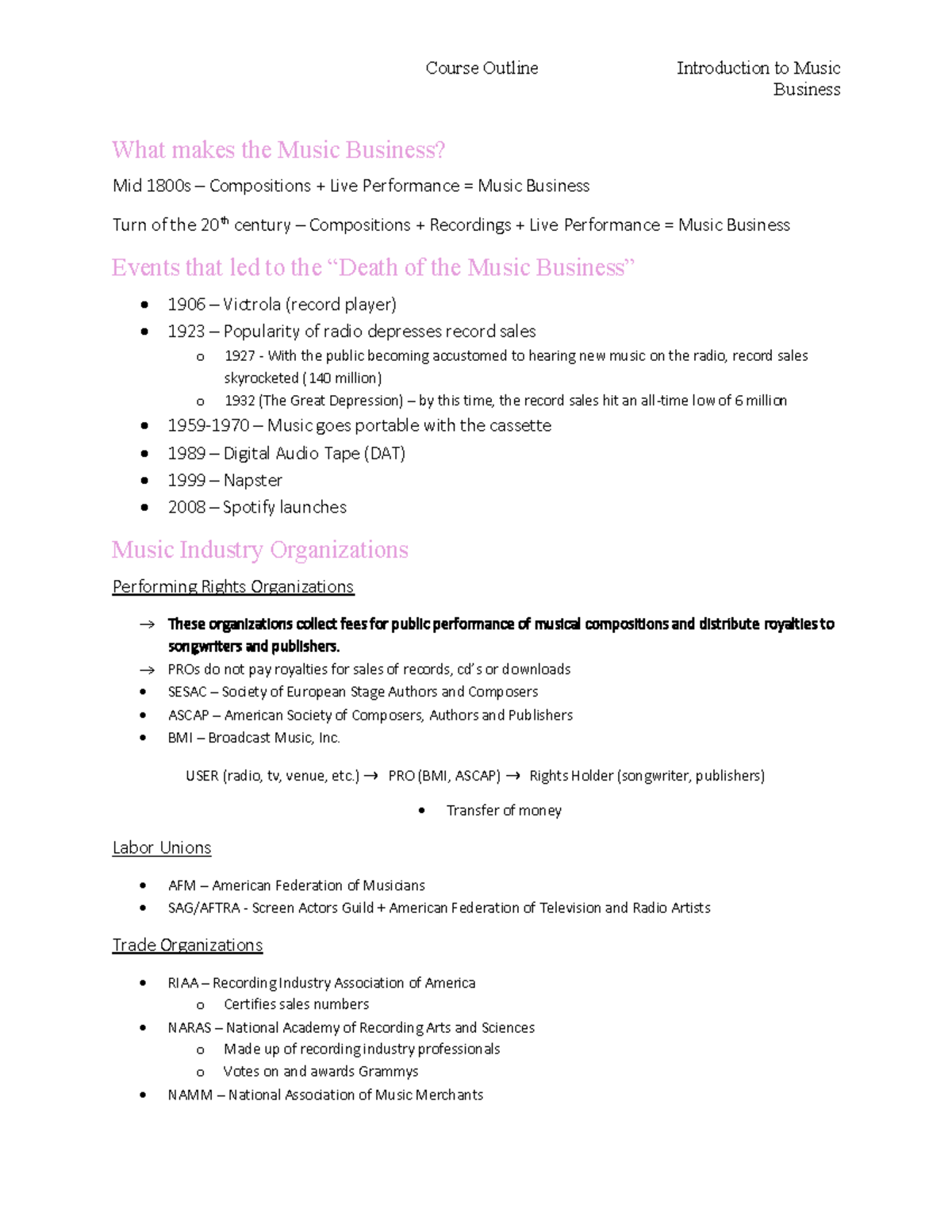 Course Outline: Introduction to Music Business - Studocu