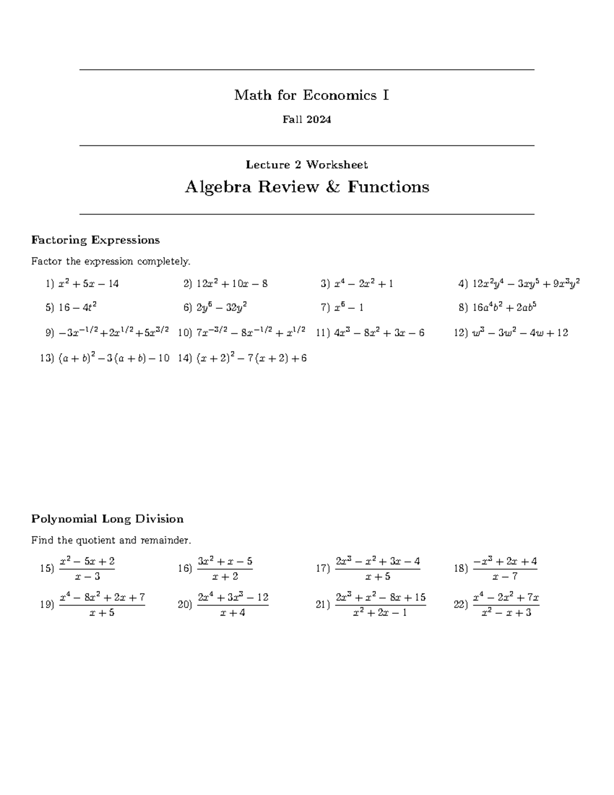 Math for Economics I - Fall 2024 Lecture 2: Algebra & Functions ...
