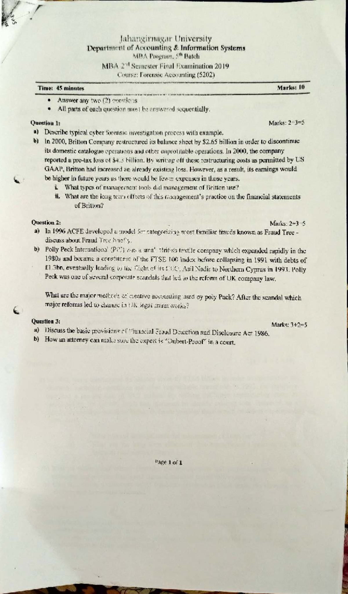 Forensic Accounting (5202) MBA 2nd Semester Final Exam Questions 2019 ...