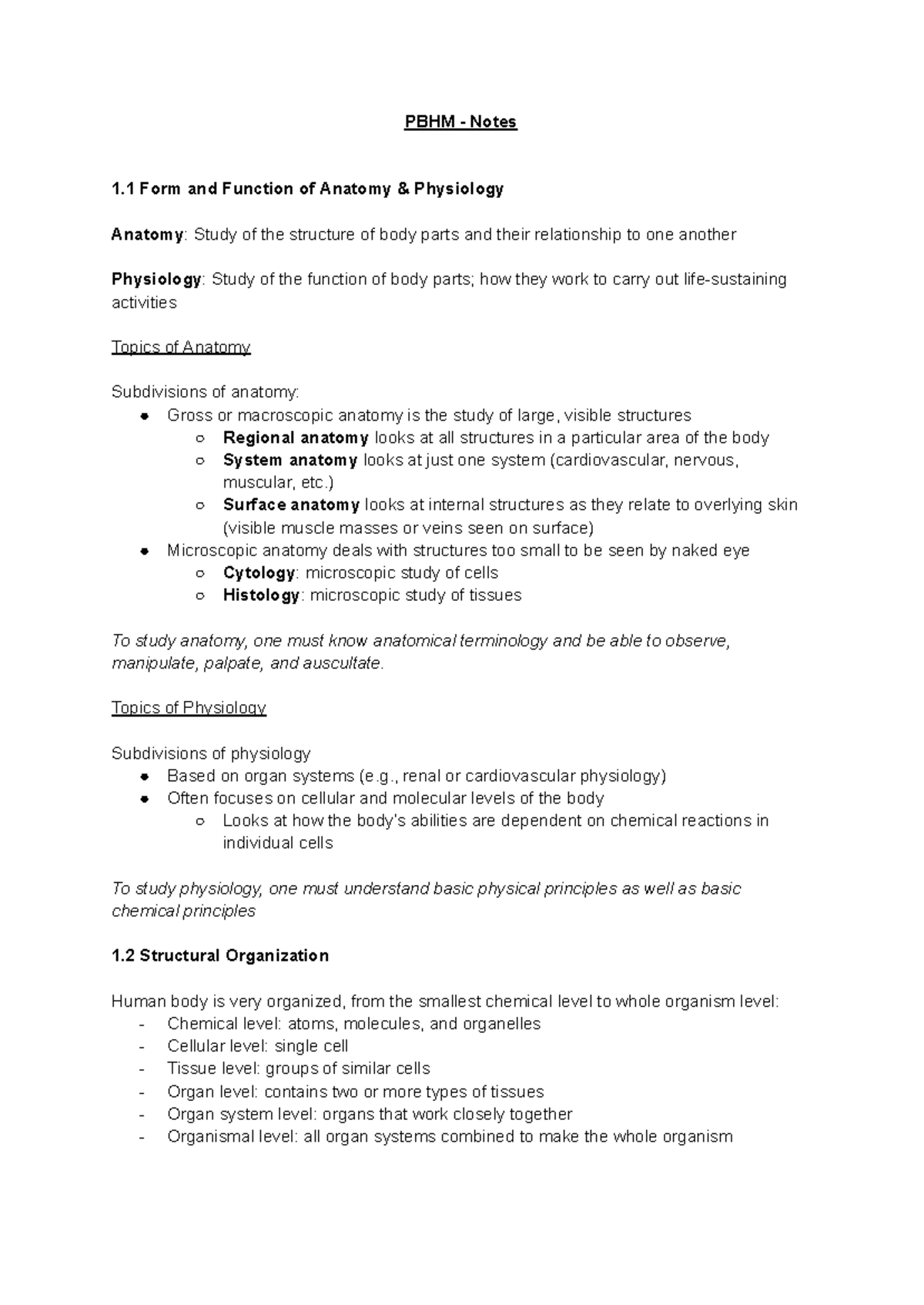PBHM Lecture Notes: Anatomy & Physiology Overview and Key Concepts ...