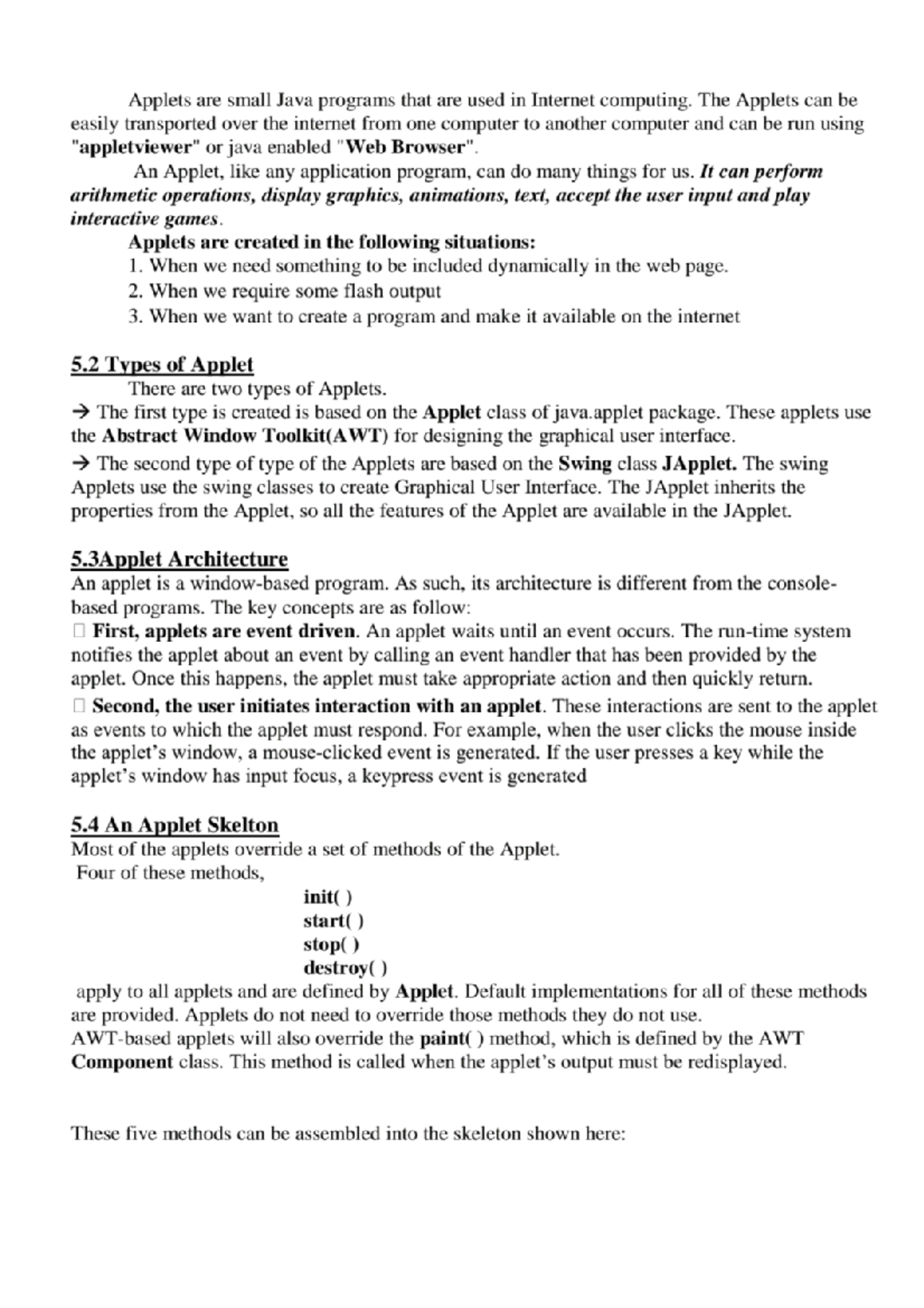Unit 5 java-A - Lecture notes - Applets are small Java programs that ...