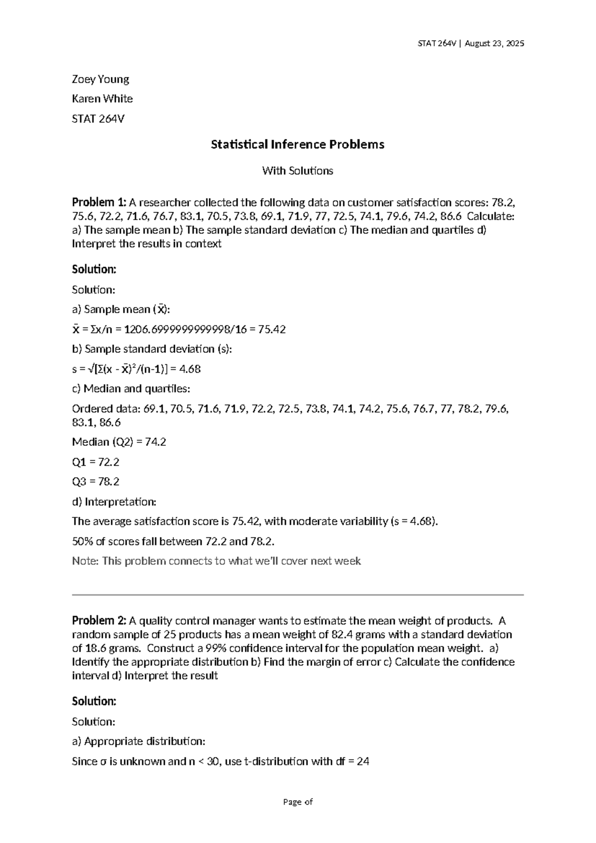 STAT 264V Statistical Inference Problems & Solutions - Studocu