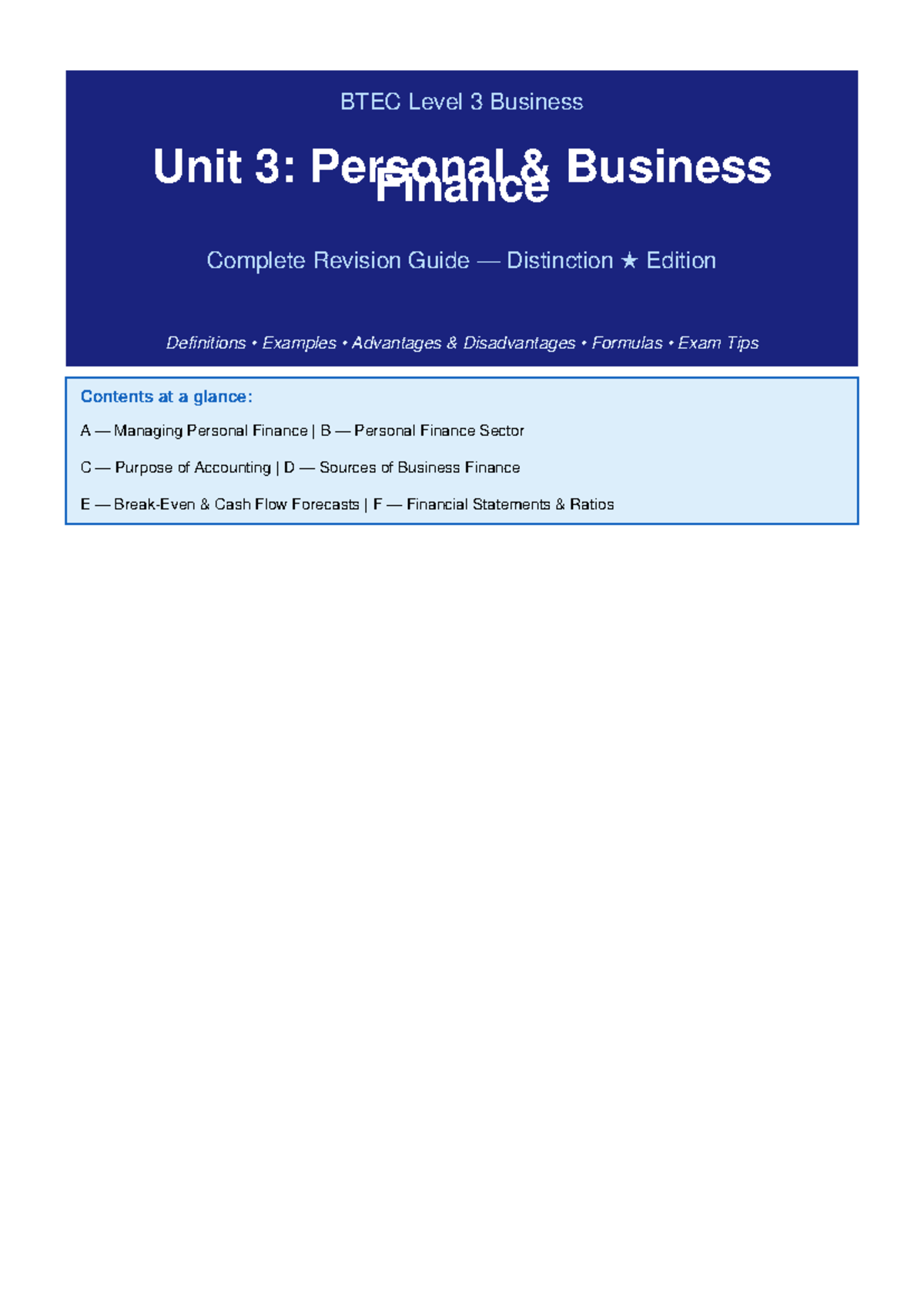 BTEC Level 3 Business Unit 3: Personal Finance Revision Guide - Studocu