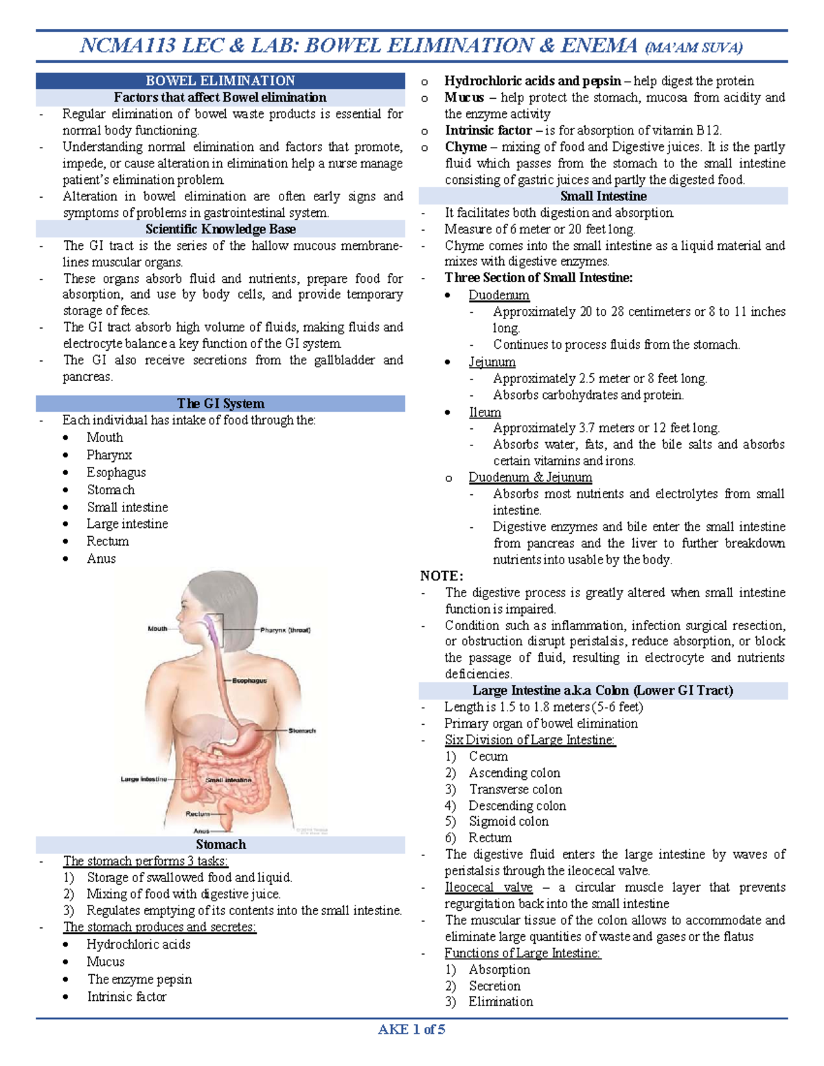 NCMA113 LEC LAB: WEEK 4 BOWEL ELIMINATION & ENEMA STUDY NOTES - Studocu