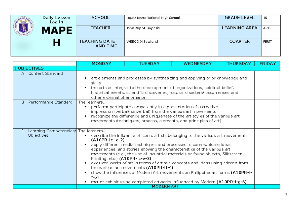 Q2 Grade 10 MAPEH Arts Daily Lesson Log - Week 1 - Studocu