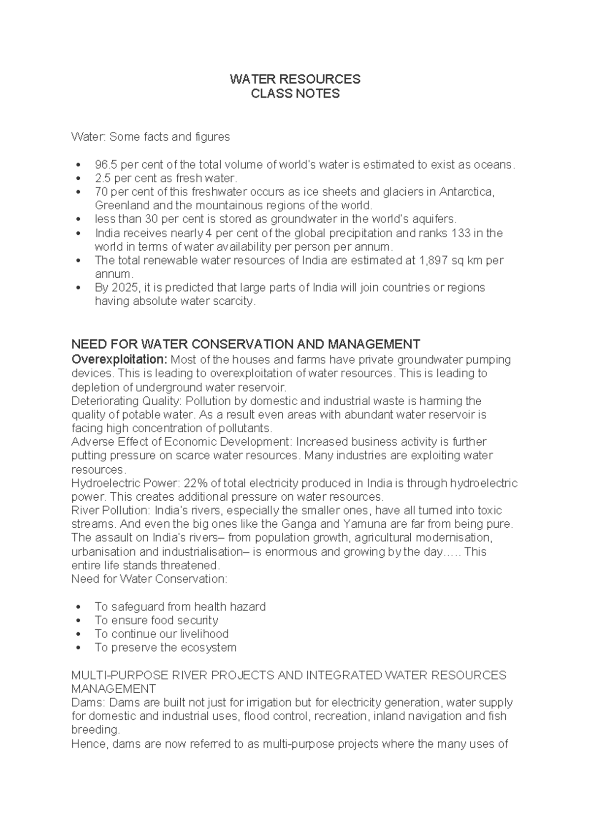 WATER RESOURCES CLASS NOTES: Conservation, Management & Challenges ...