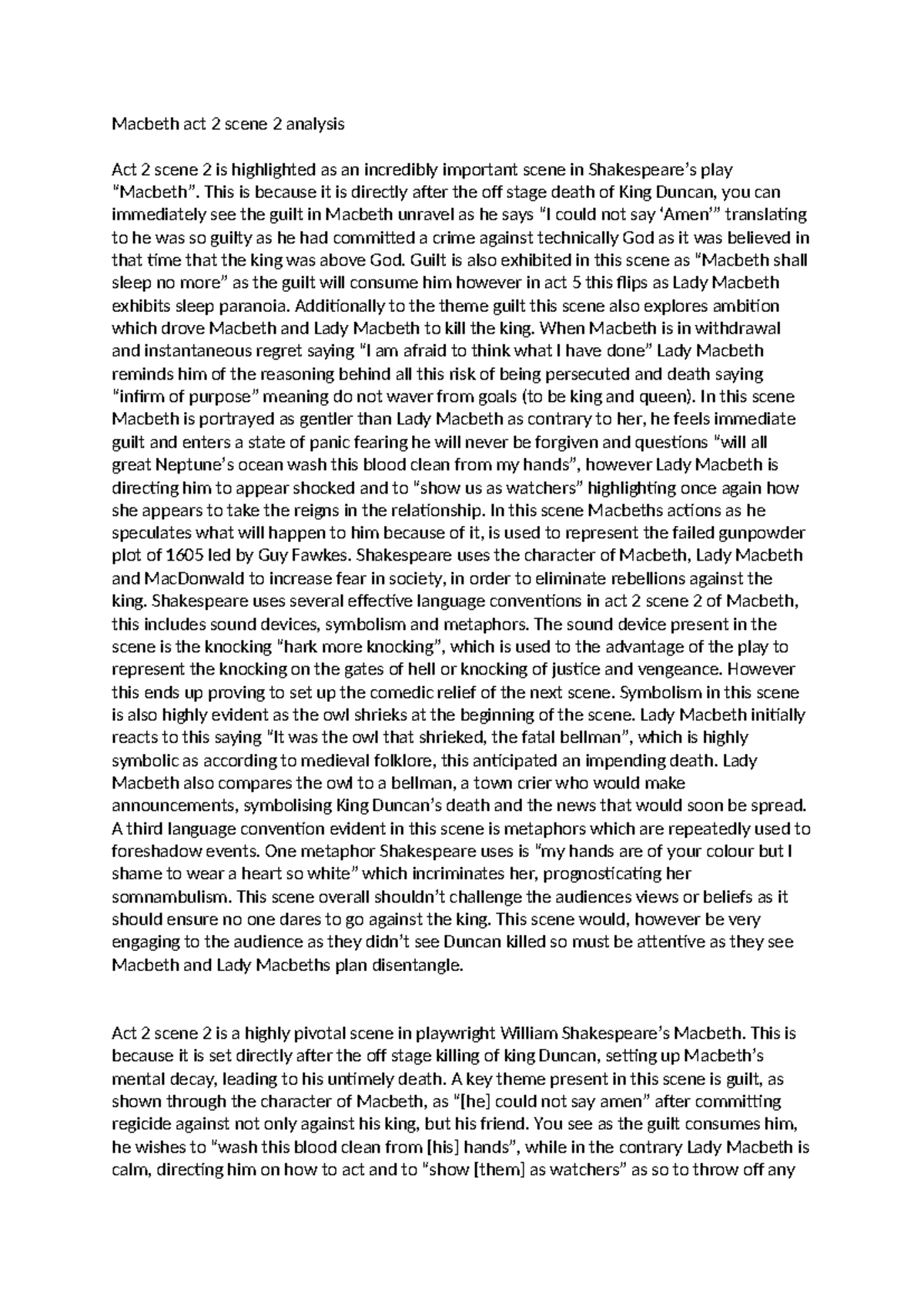 Macbeth (ENG 101) Act 2 Scene 2 Analysis: Guilt and Ambition Unraveled ...