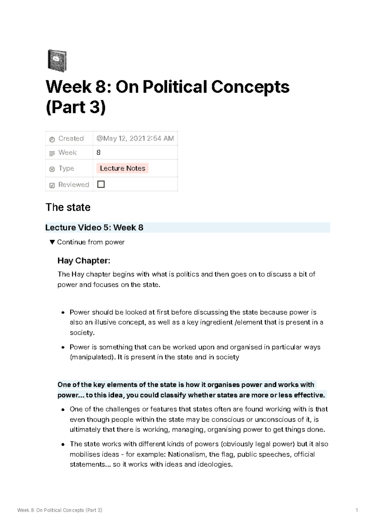 Week 8 Lecture Notes on Political Concepts: Understanding the State ...