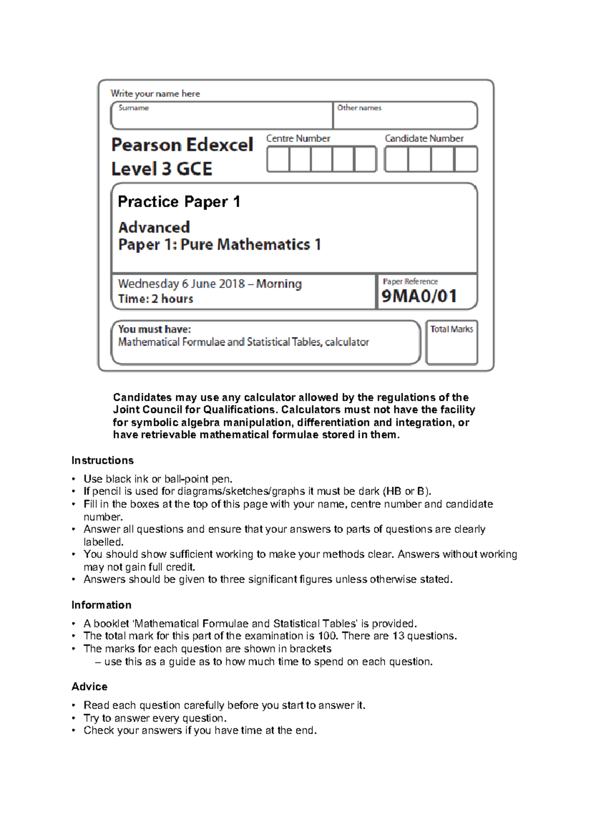 Practice Paper 1: Mathematics Exam Guidelines and Questions - Studocu