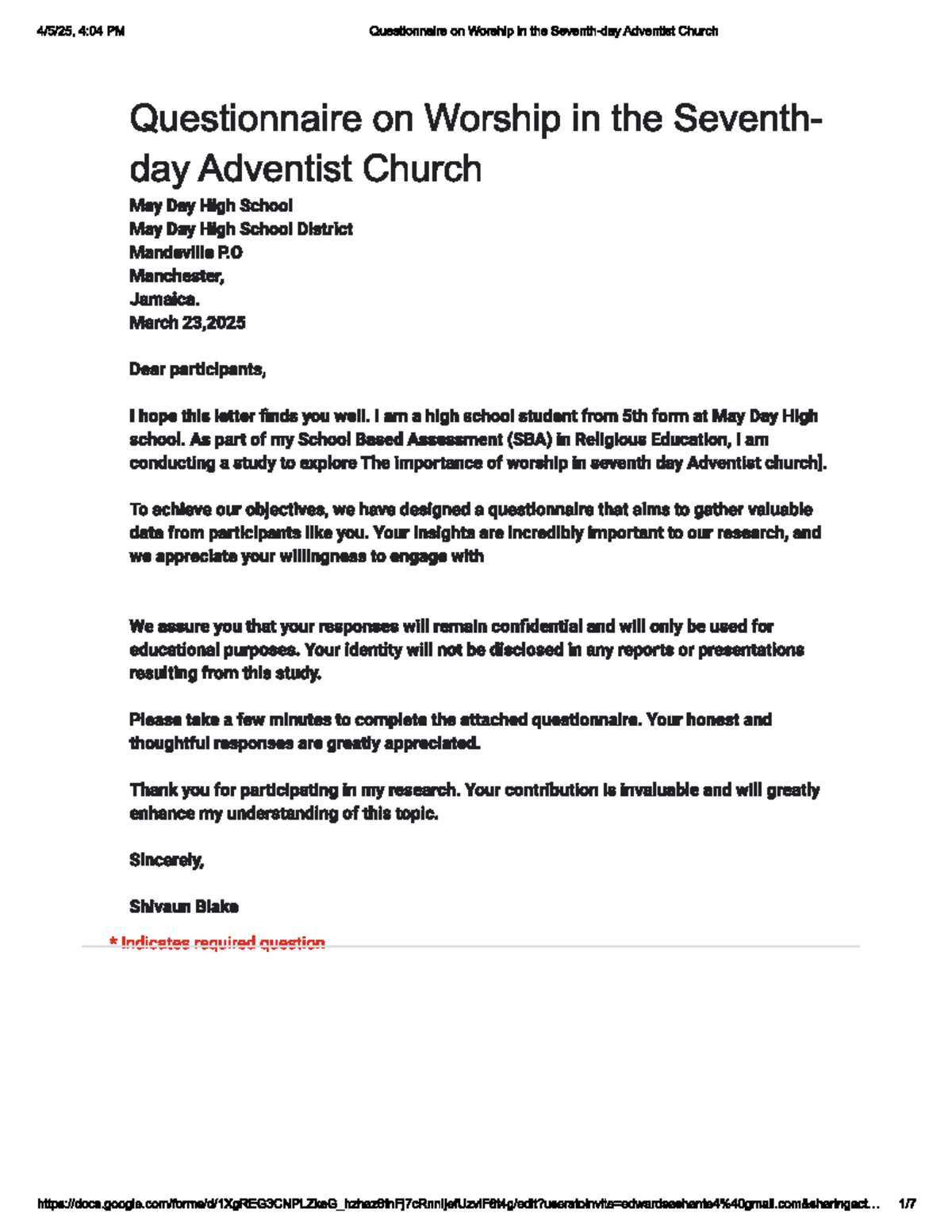 SDA 5th Form SBA: Questionnaire on Worship in the Adventist Church ...