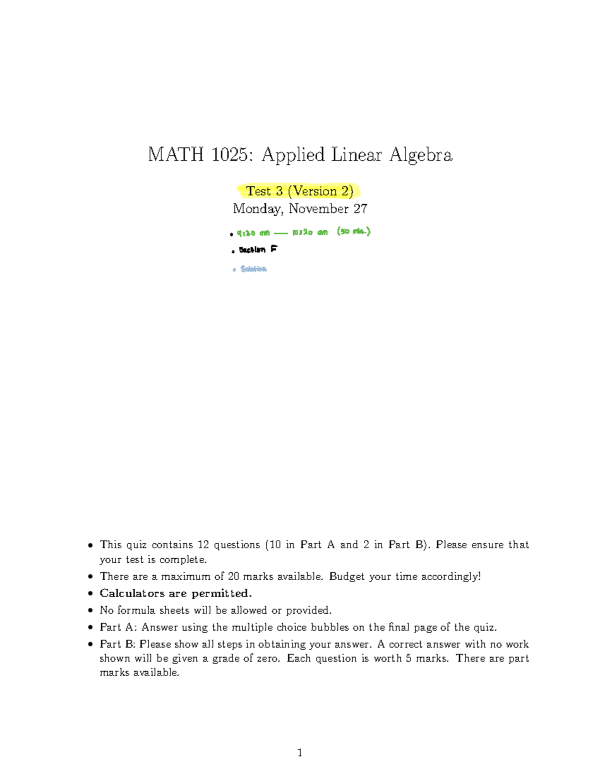1025 (F) - MATH Applied Linear Algebra Test 3 (Version 2) Solutions ...