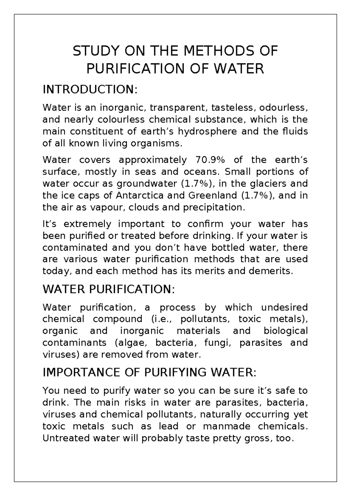 STUDY ON WATER PURIFICATION METHODS: IMPORTANCE & TECHNIQUES - Studocu