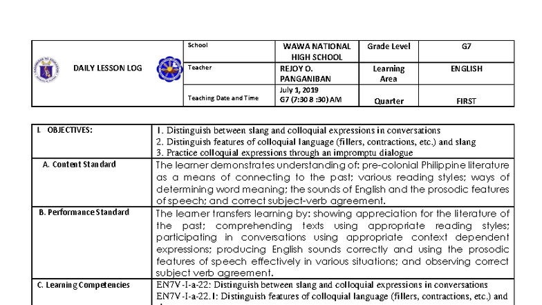 G7 ENGLISH Lesson Log: Slang & Colloquial Expressions (July 1, 2019 ...