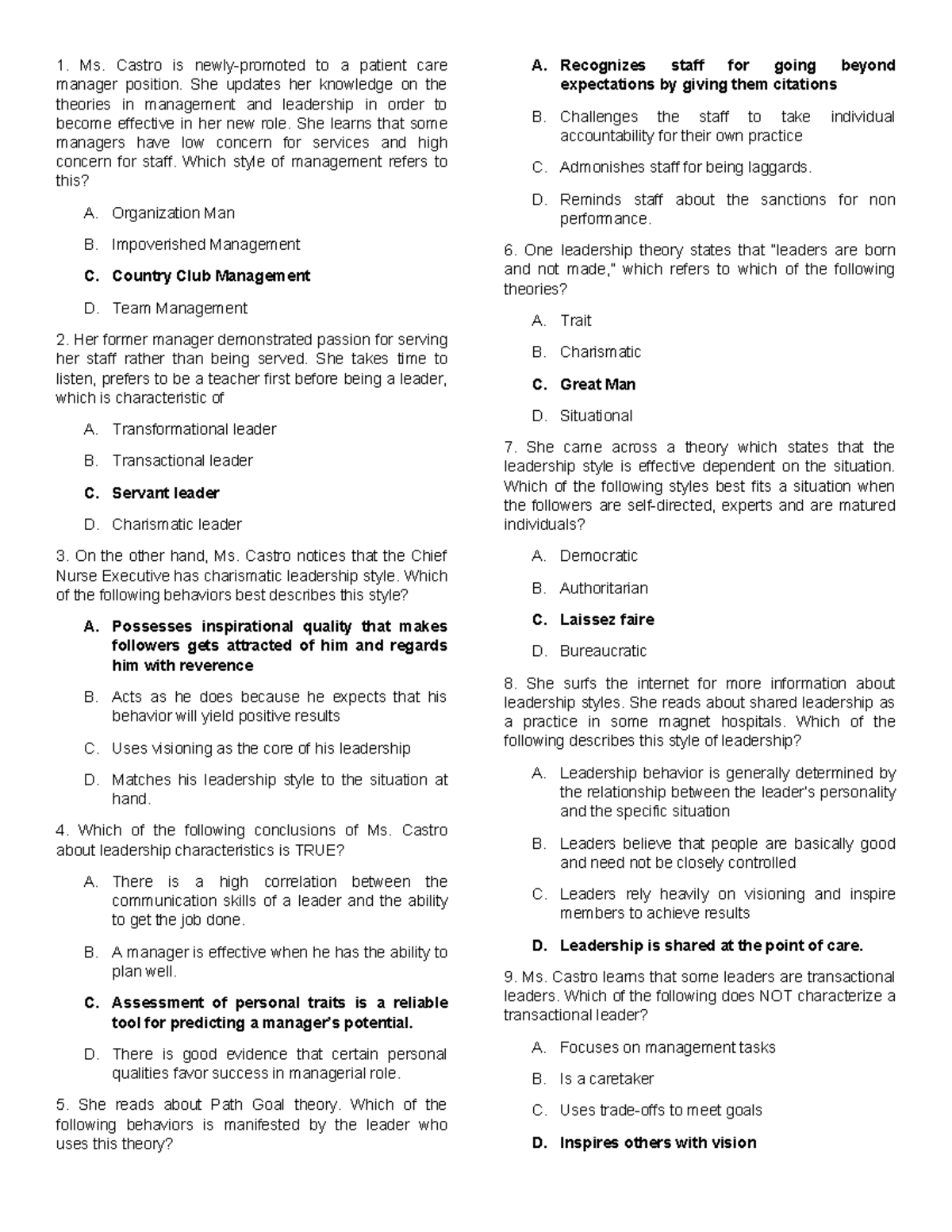NLM Management Leadership Quiz Questions and Answers - Studocu