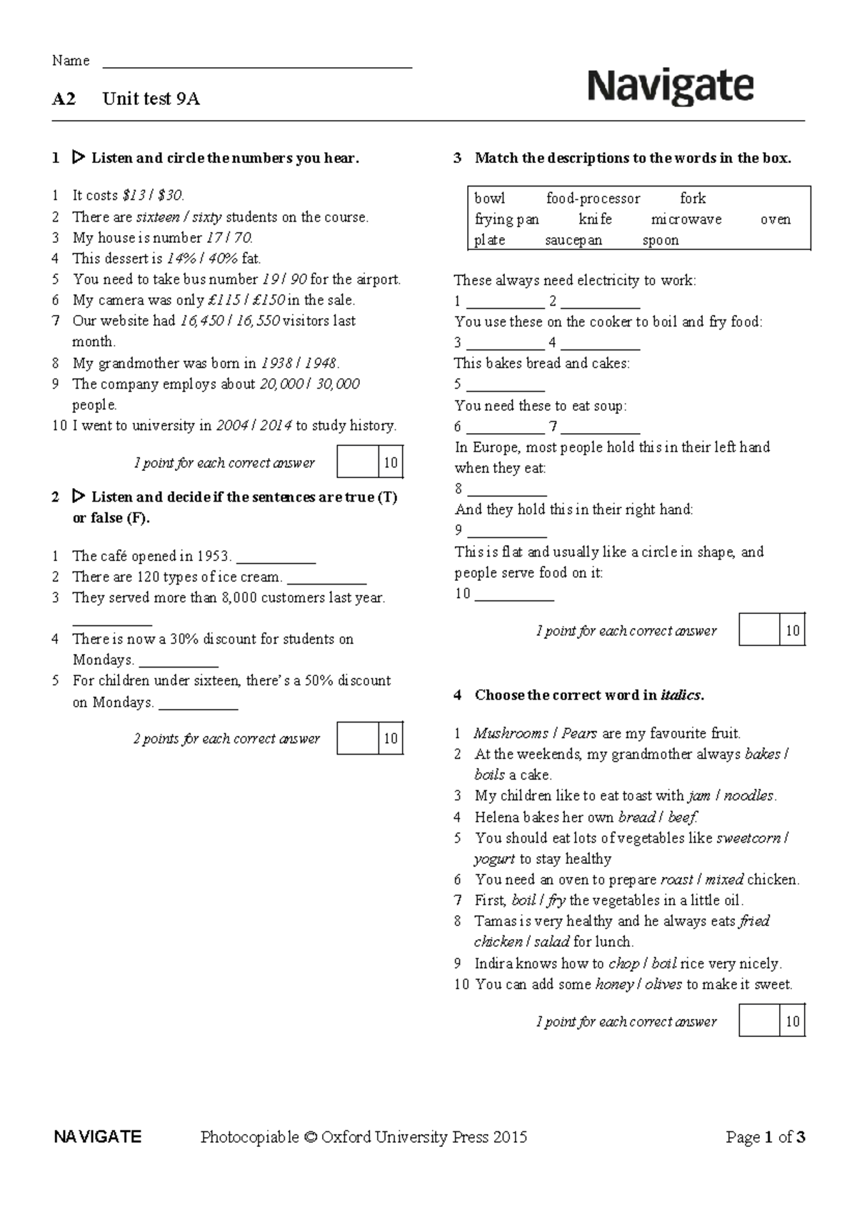 Unit Test A2 9A: Listening, Matching, and Sentence Completion - Studocu