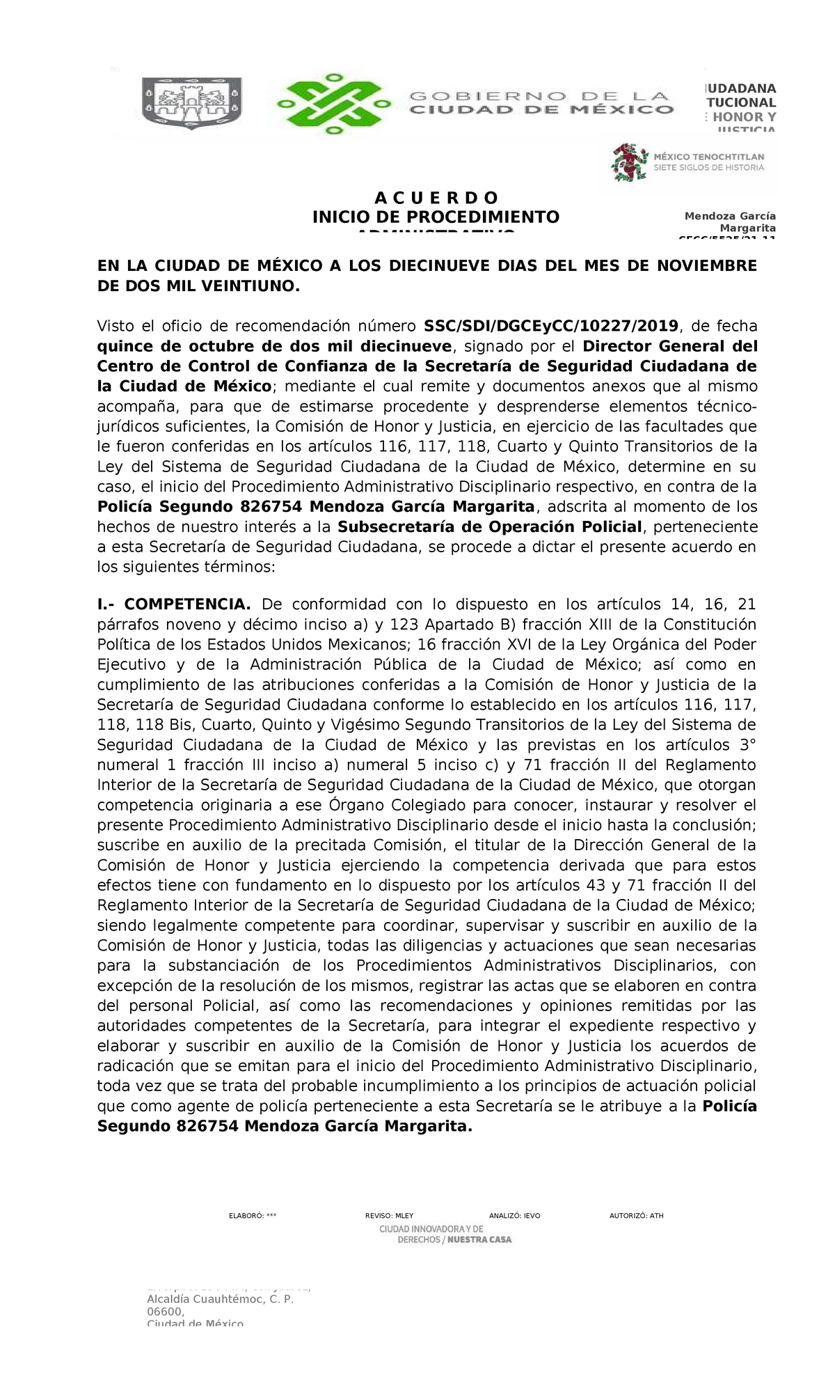 Acuerdo de Inicio de Procedimiento Administrativo en contra del Policía ...