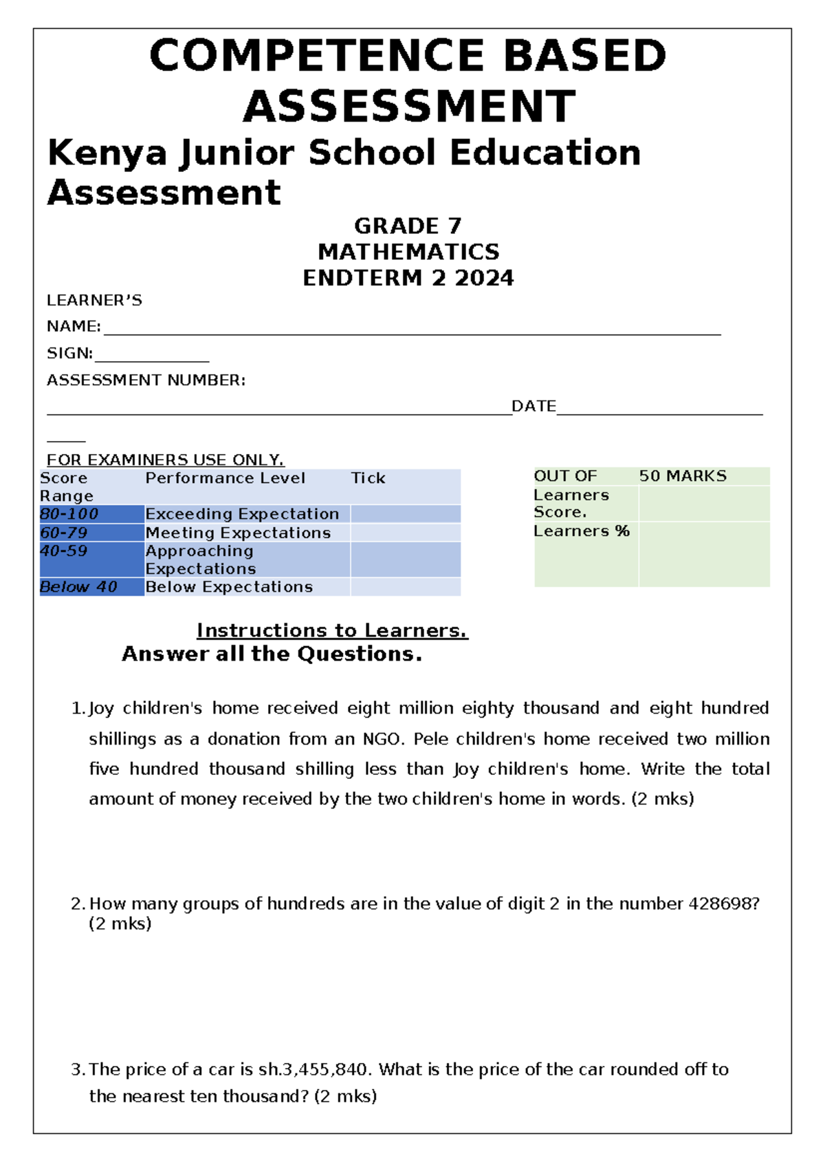 GRADE 7 MATHEMATICS ENDTERM 2 ASSESSMENT 2024 - Studocu