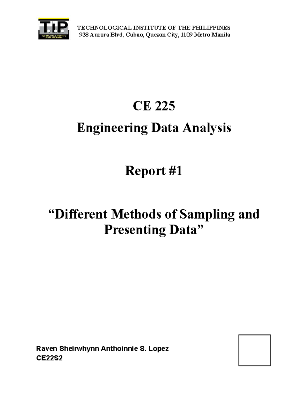 CE 225 EDA Report: Methods of Sampling in Civil Engineering - Studocu