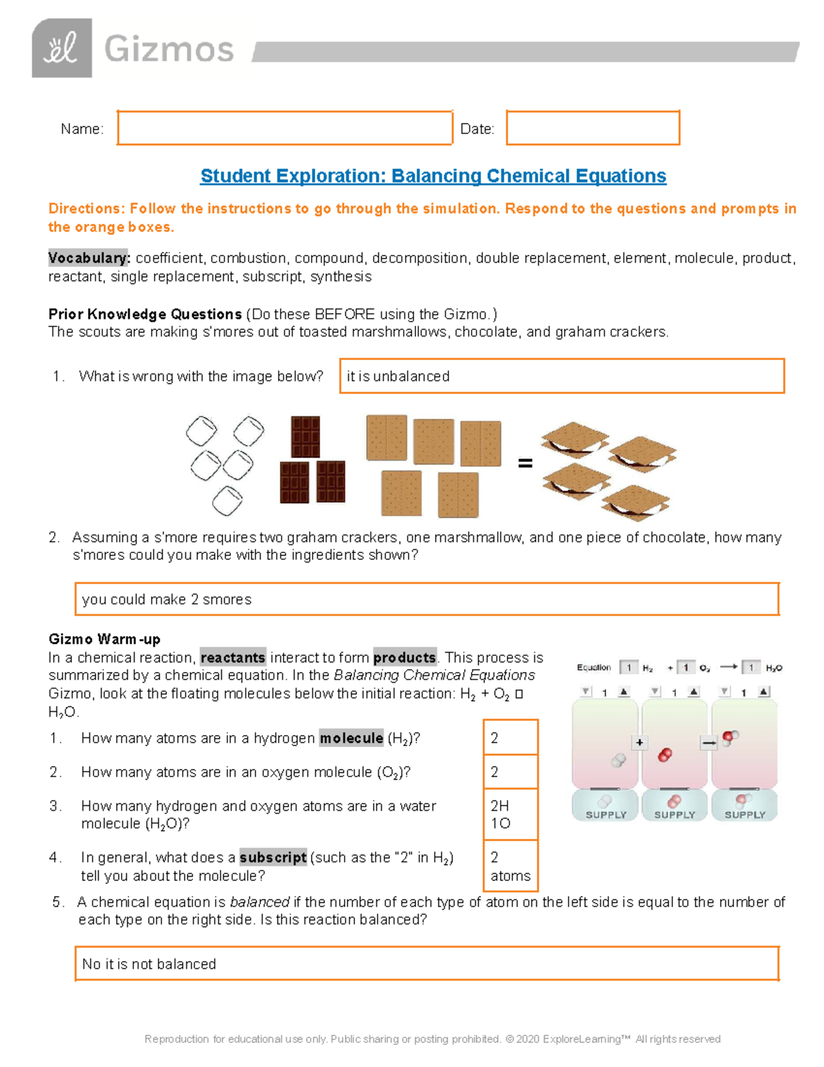 Balancing Chemical Equations Student Exploration (SE) Guide - Studocu