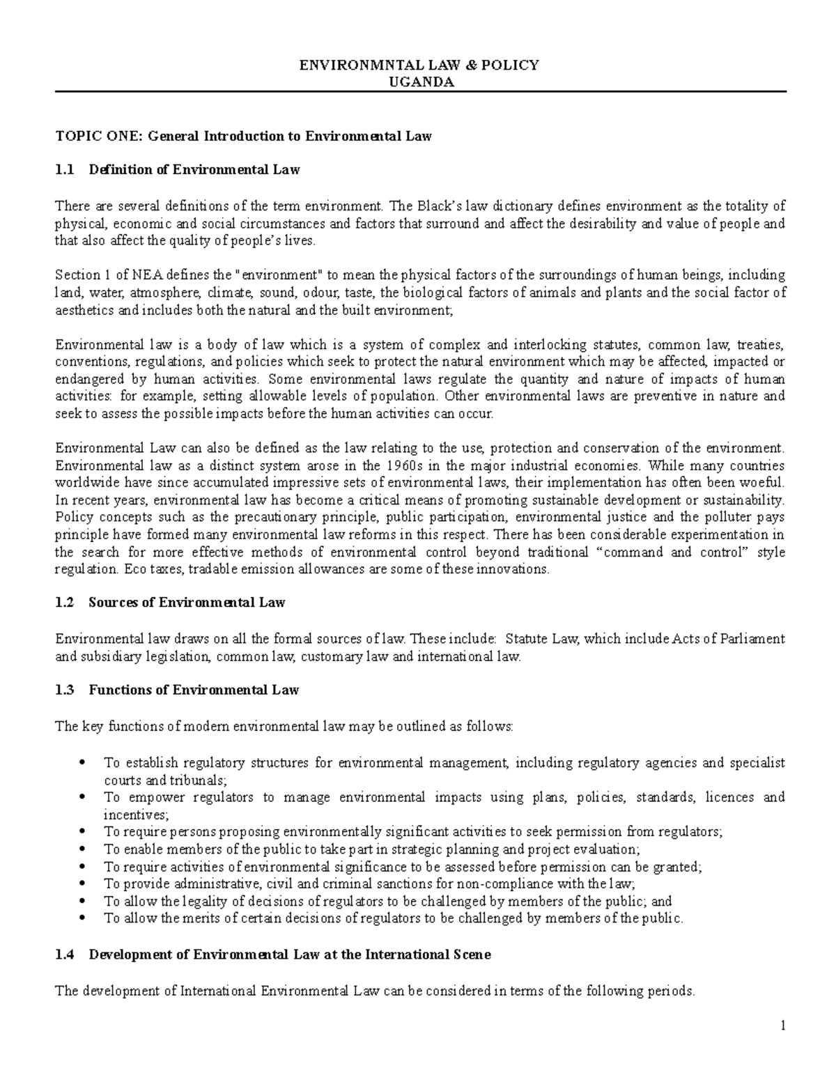 ENV 101: Comprehensive Environmental Law Notes for Uganda - Studocu