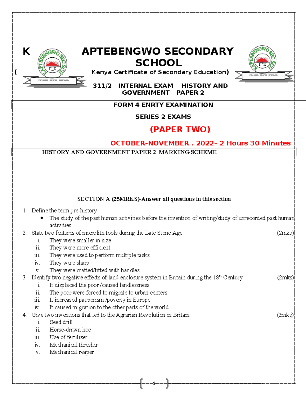 HIST 311/2 Internal Exam Paper 2 Marking Scheme - Oct-Nov 2022 - Studocu