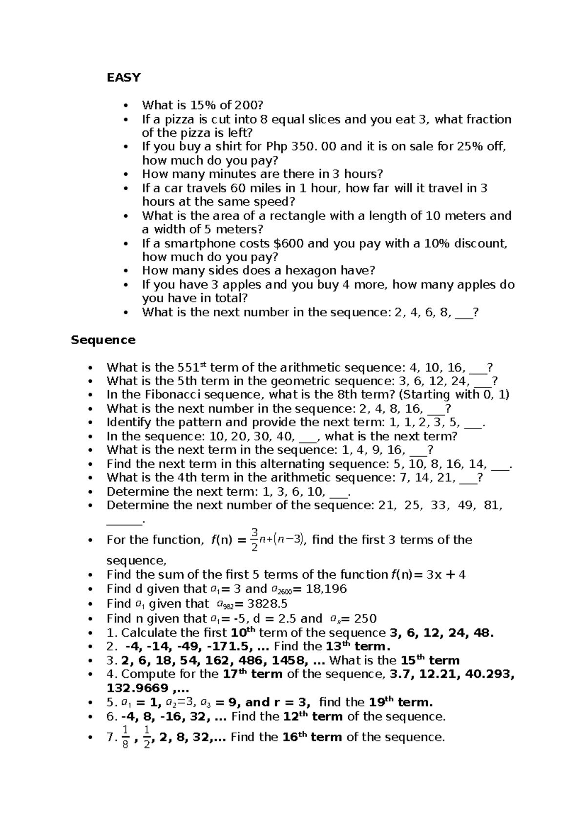 Sample Math Questions for Practice - Math 101 - Studocu