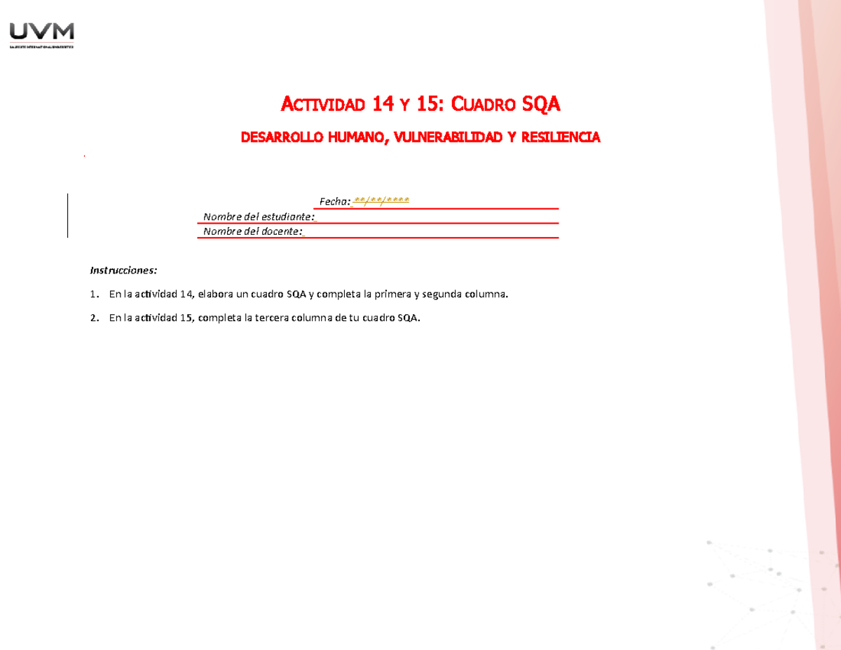 U5 SQA - ACTIVIDAD 14 Y 15 DESARROLLO HUMANO Y SOCIAL CUADRO SQA LO QUE ...