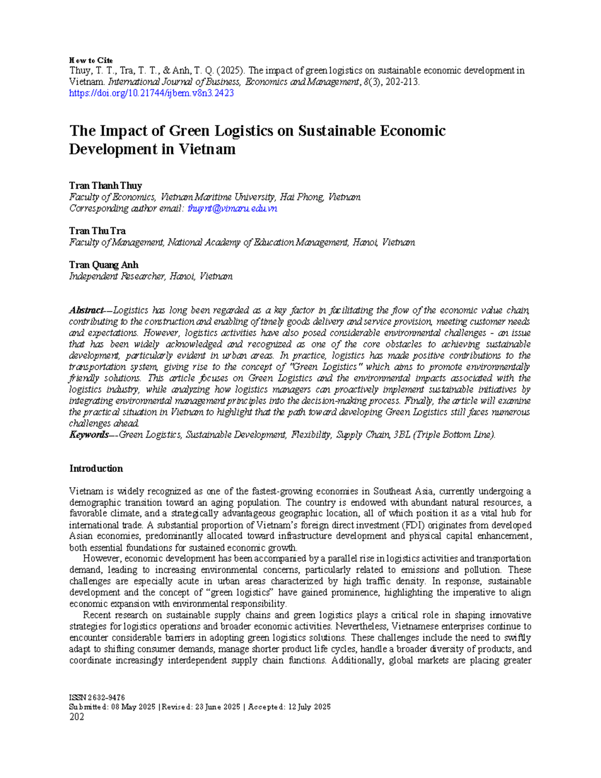 Green Logistics and Sustainable Economic Development in Vietnam (ECO ...
