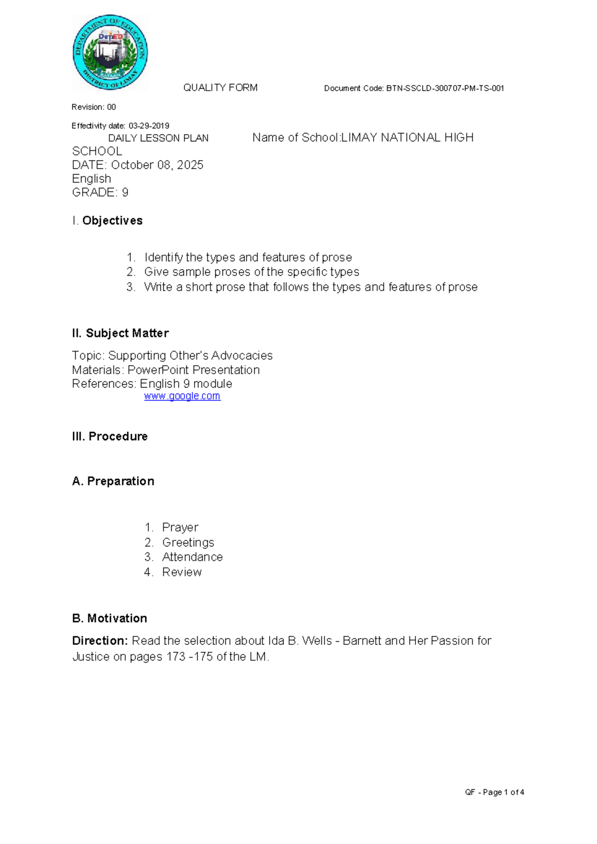 Daily Lesson Plan: Types of Prose for English 9 - Studocu