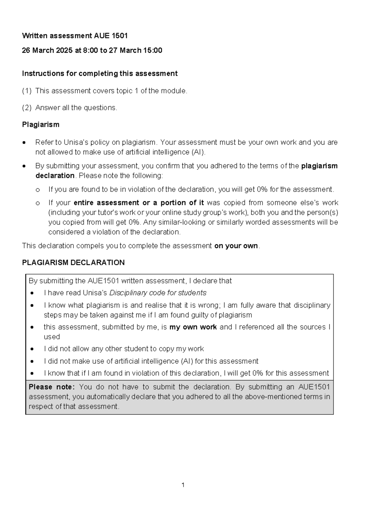 AUE1501 S1 Assessment 1 2025 Final Instructions and Plagiarism Policy ...