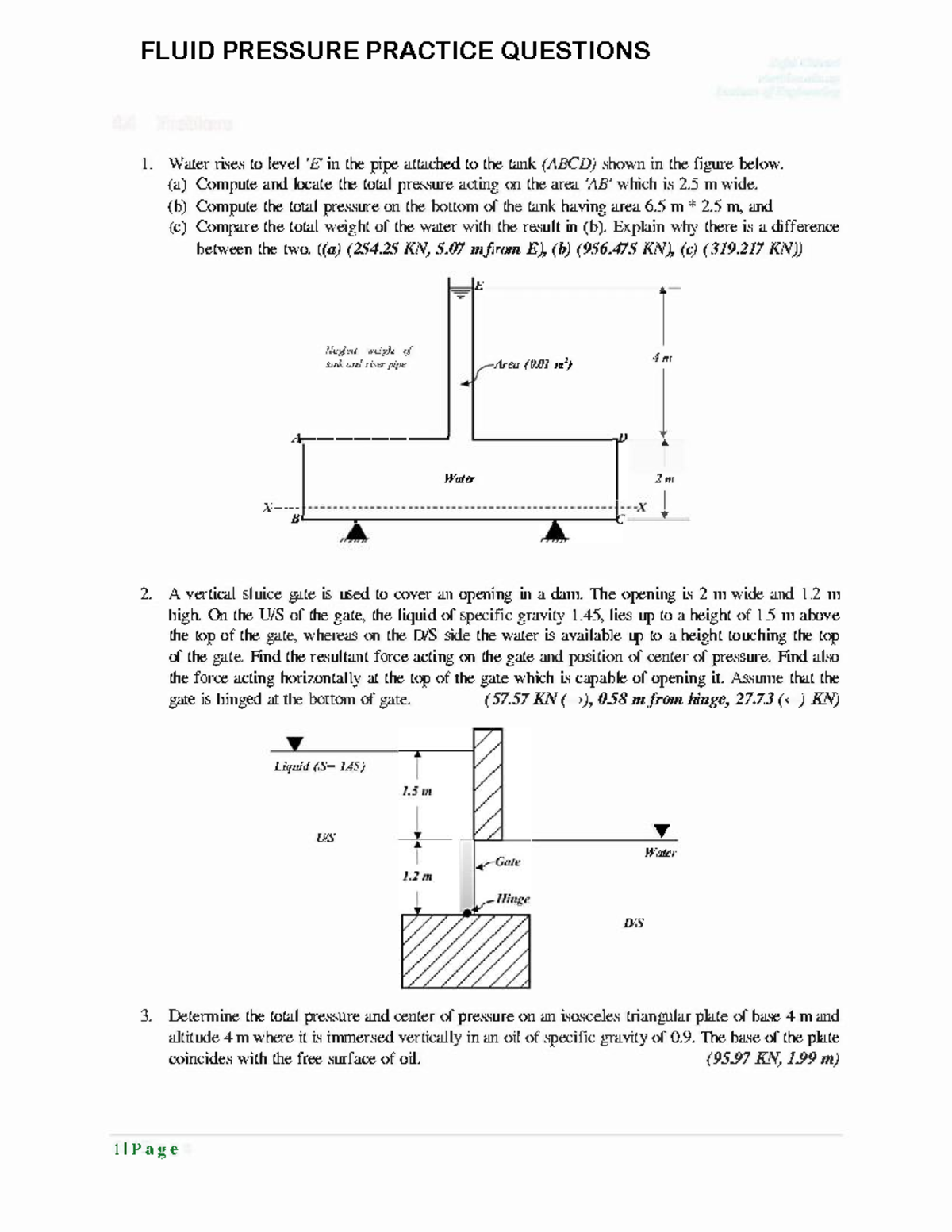 Fluid Pressure Practice Questions - Course Code: 2. - Studocu
