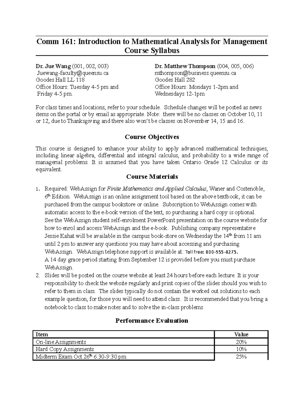 COMM 161 Syllabus Fall 2016 - Mathematical Analysis Course Outline ...