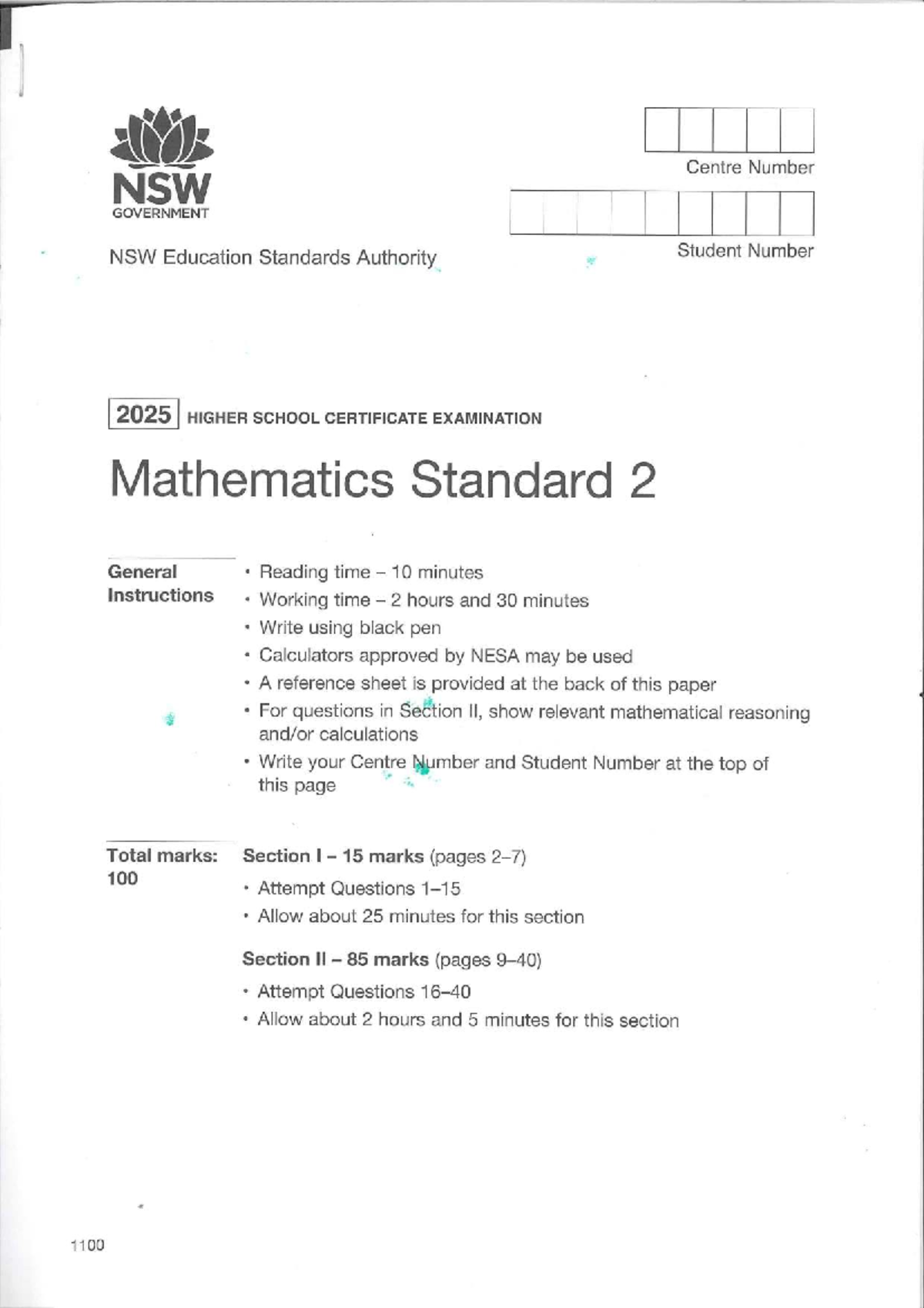 2025 HSC Mathematics Standard 2 Practice Exam - Studocu