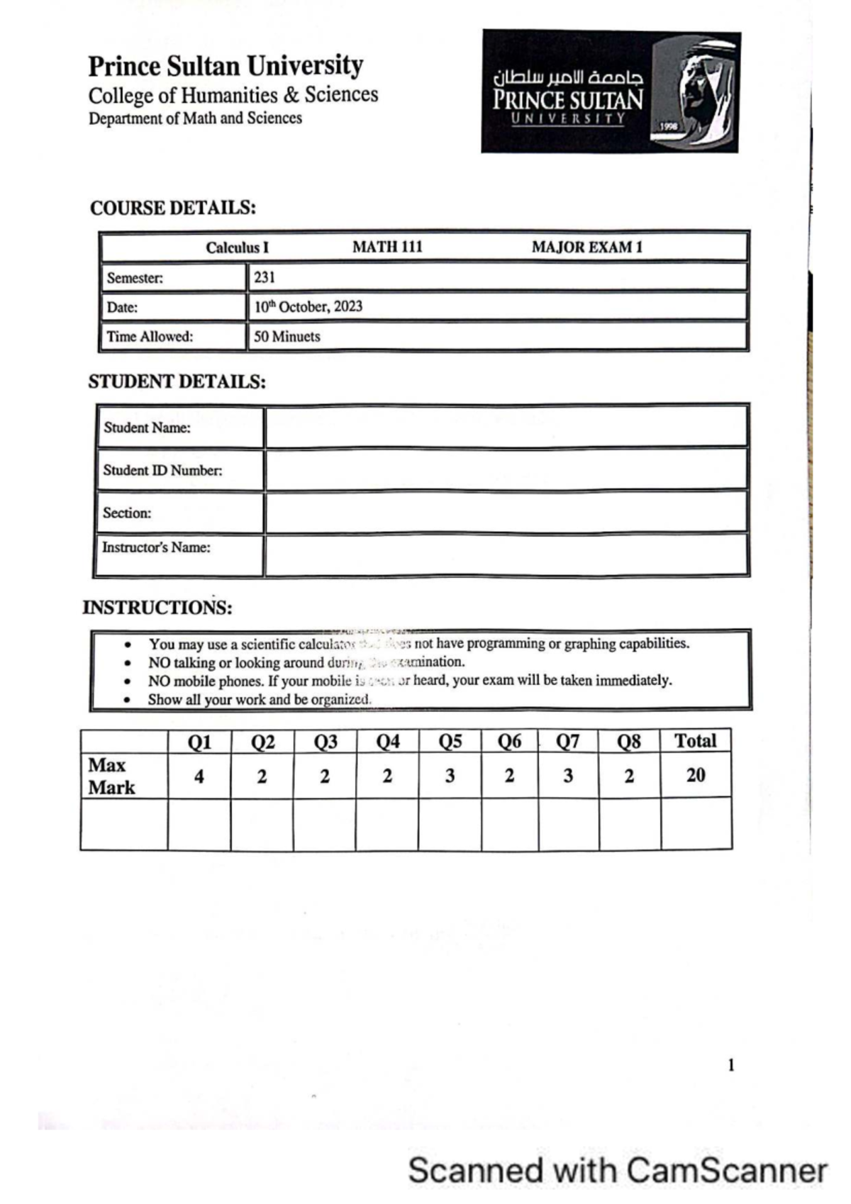 Calculus I MATH 231 Major Exam 1 - Prince Sultan University - Studocu