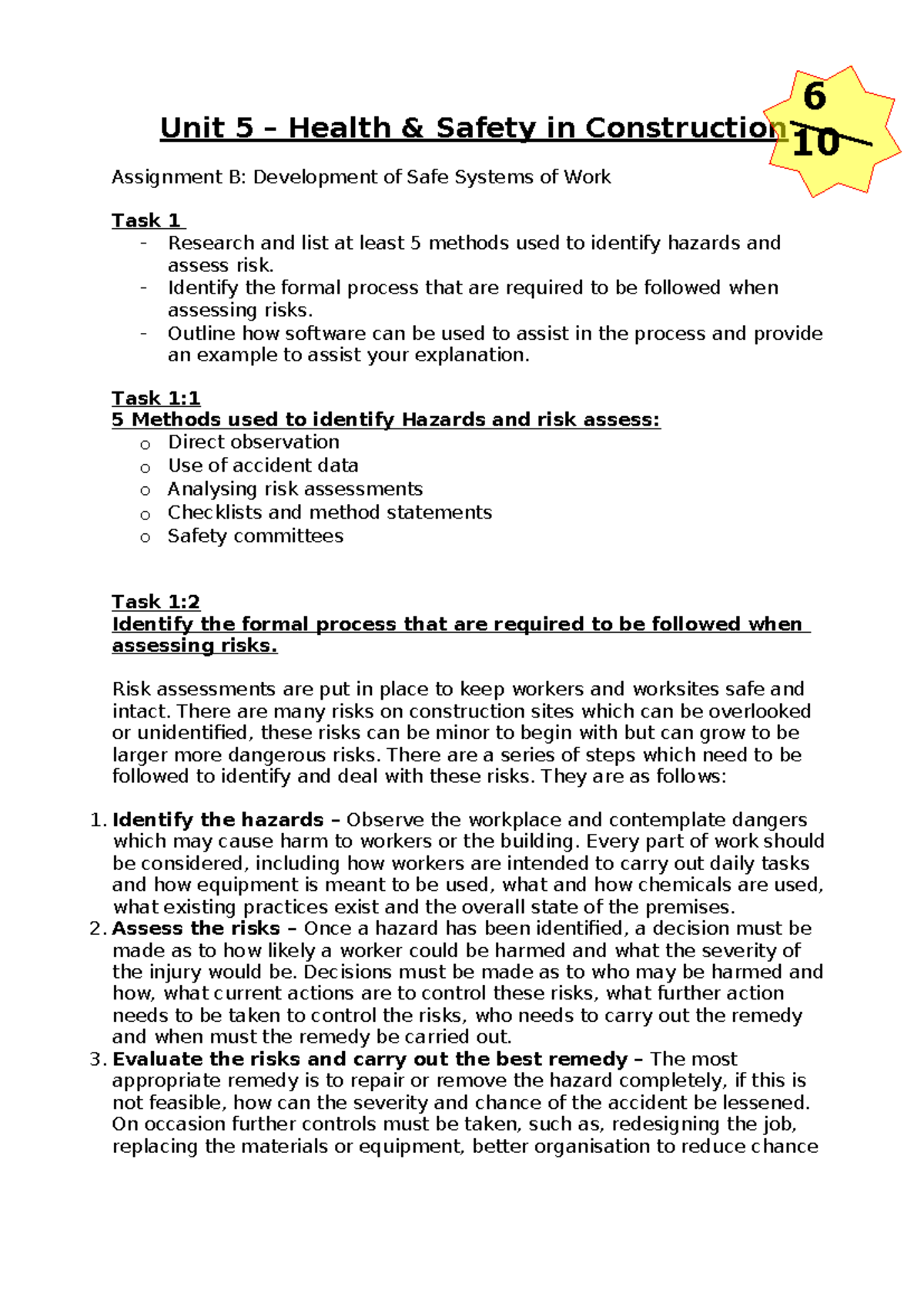 6 Unit 5 Health & Safety in Construction 10 Assignment B: Safe Work ...