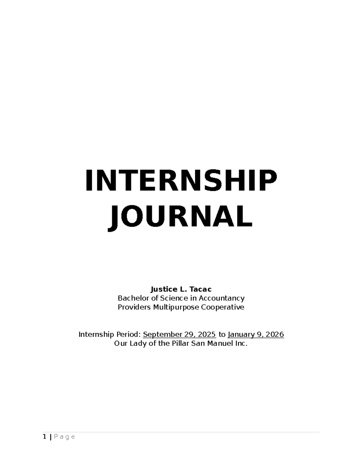 Internship Journal for BS in Accountancy: Justice L. Tacac - Studocu
