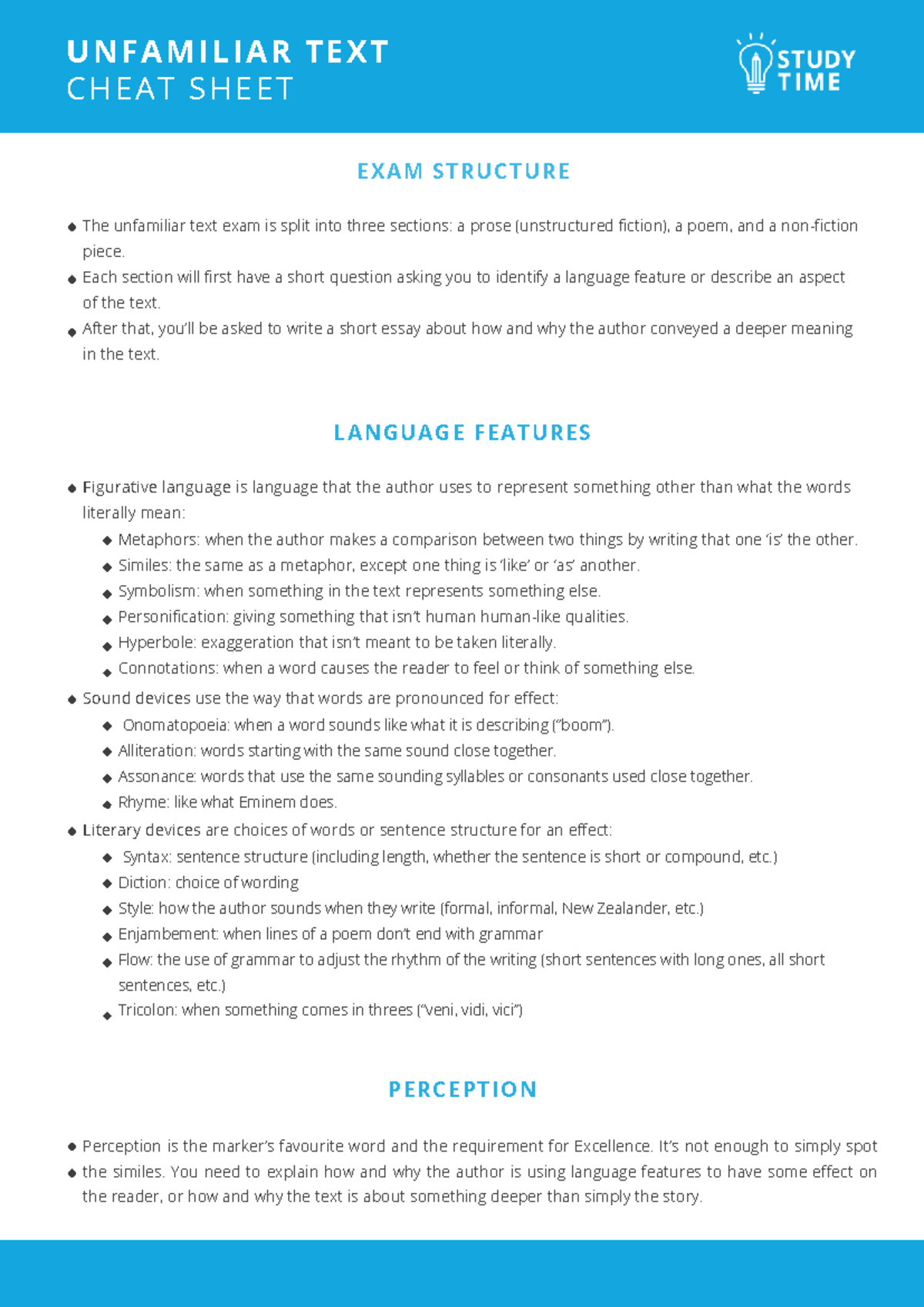 UNFAMILIAR TEXT CHEAT SHEET: EXAM STRUCTURE & LANGUAGE FEATURES - Studocu