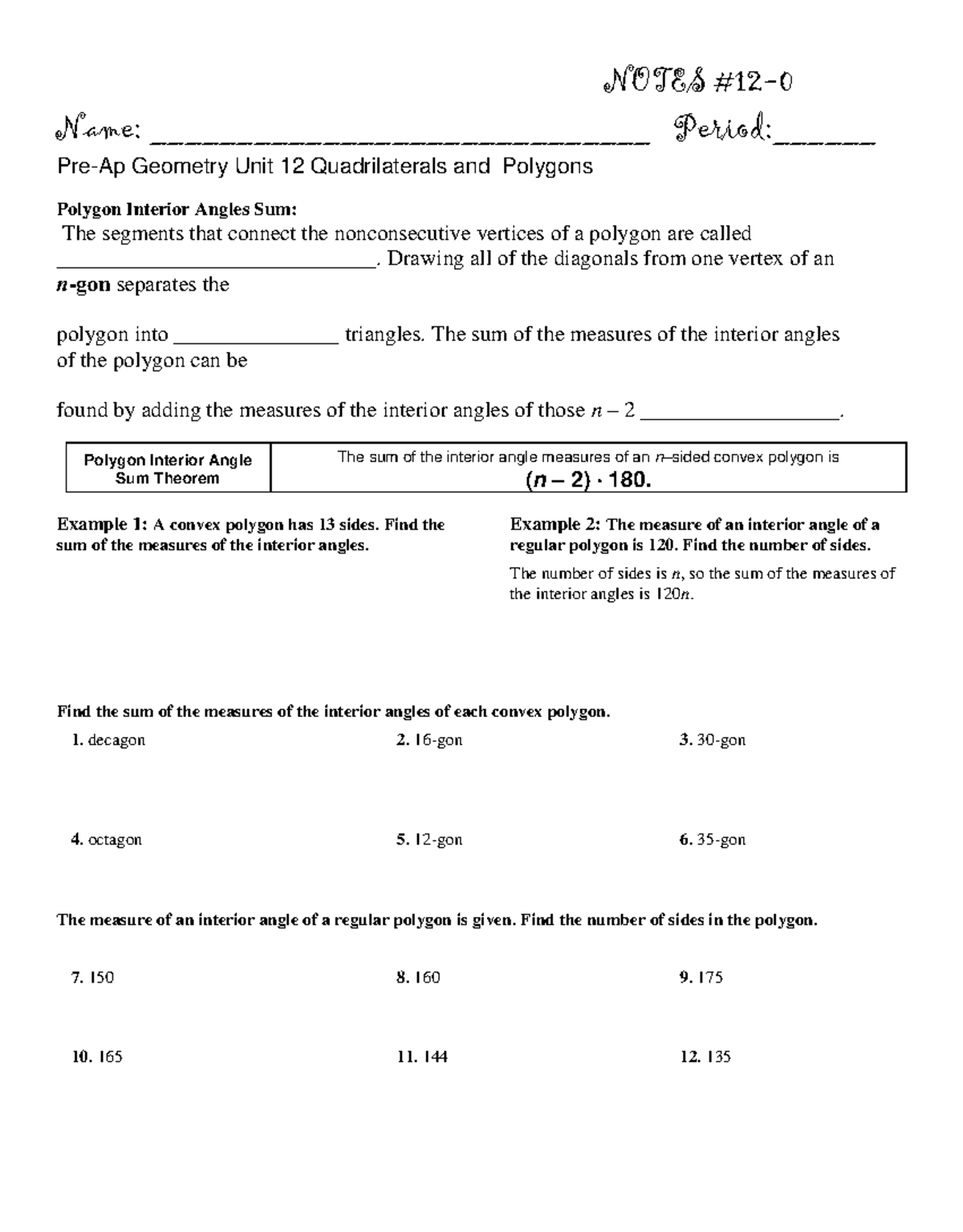 Notes+#12-0 - ntes for exam - NOTES #12- Name ...